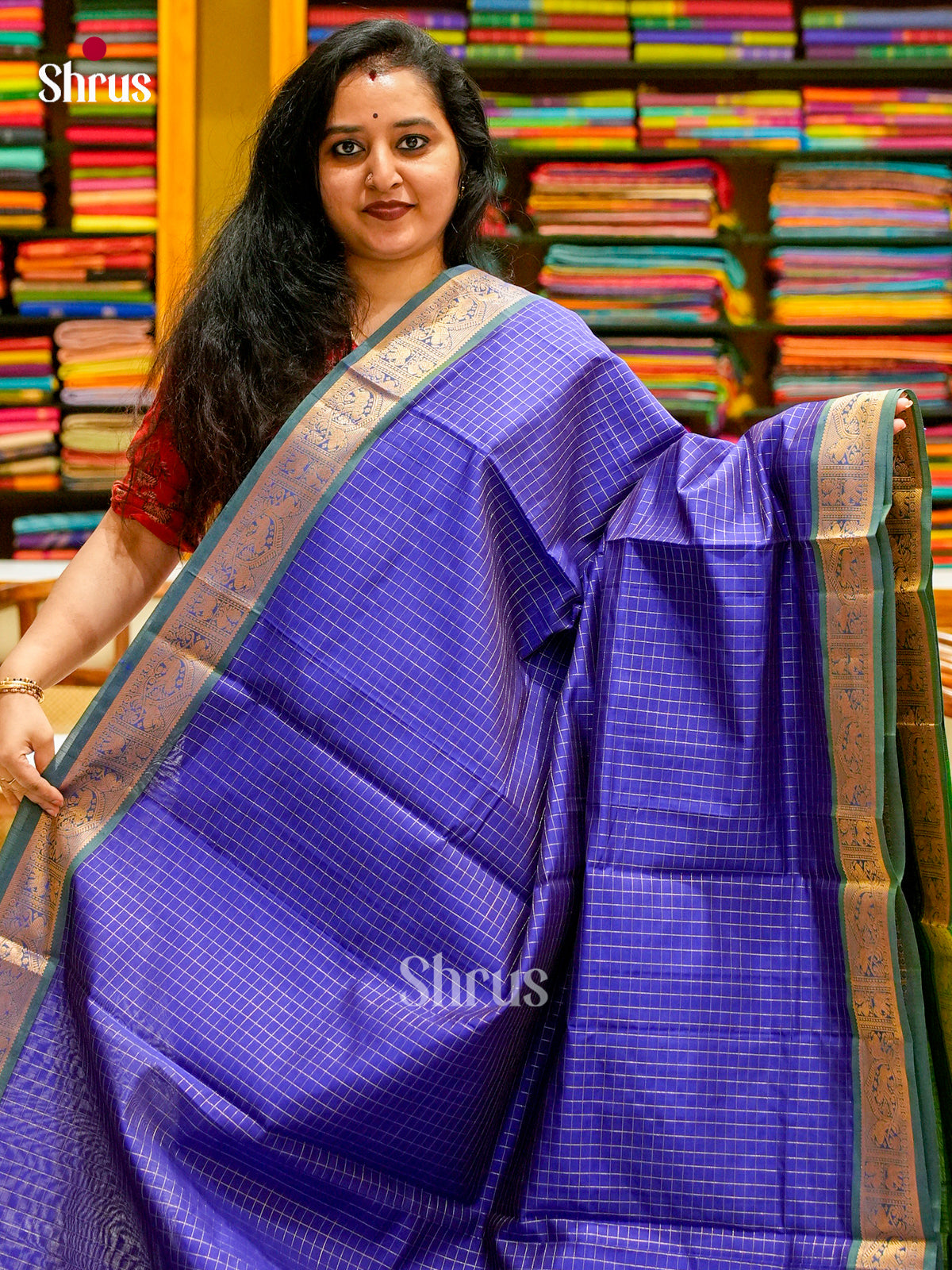 Indigo Blue Halfpure Silk Cotton Saree with Checks | Green Contrast Border