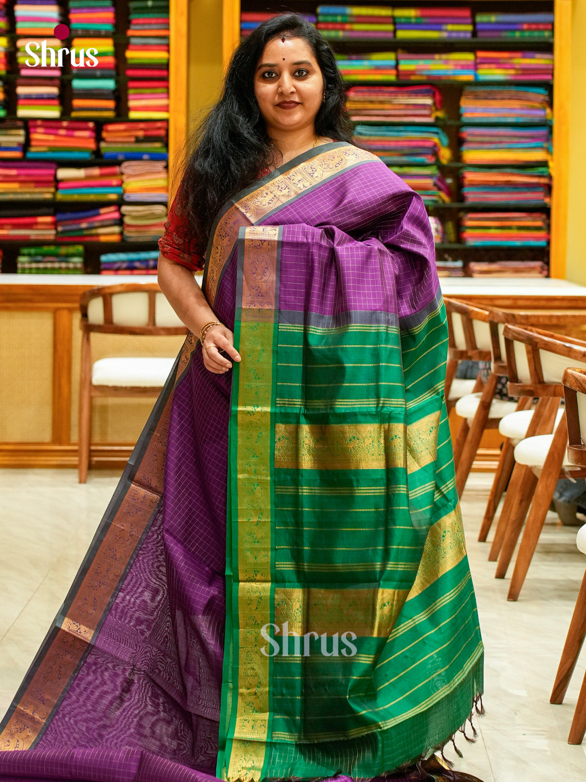 Violet Halfpure Silk Cotton Saree with Checks | Dark Green Contrast Border