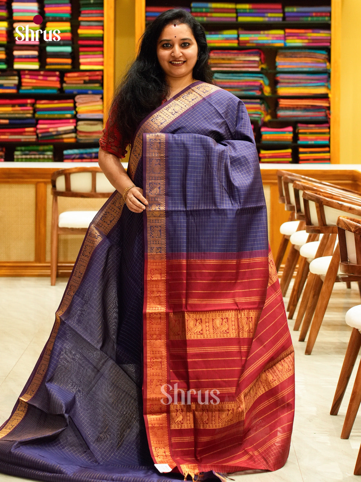 Navy Blue Halfpure Silk Cotton Saree with Checks | Maroon Contrast Border