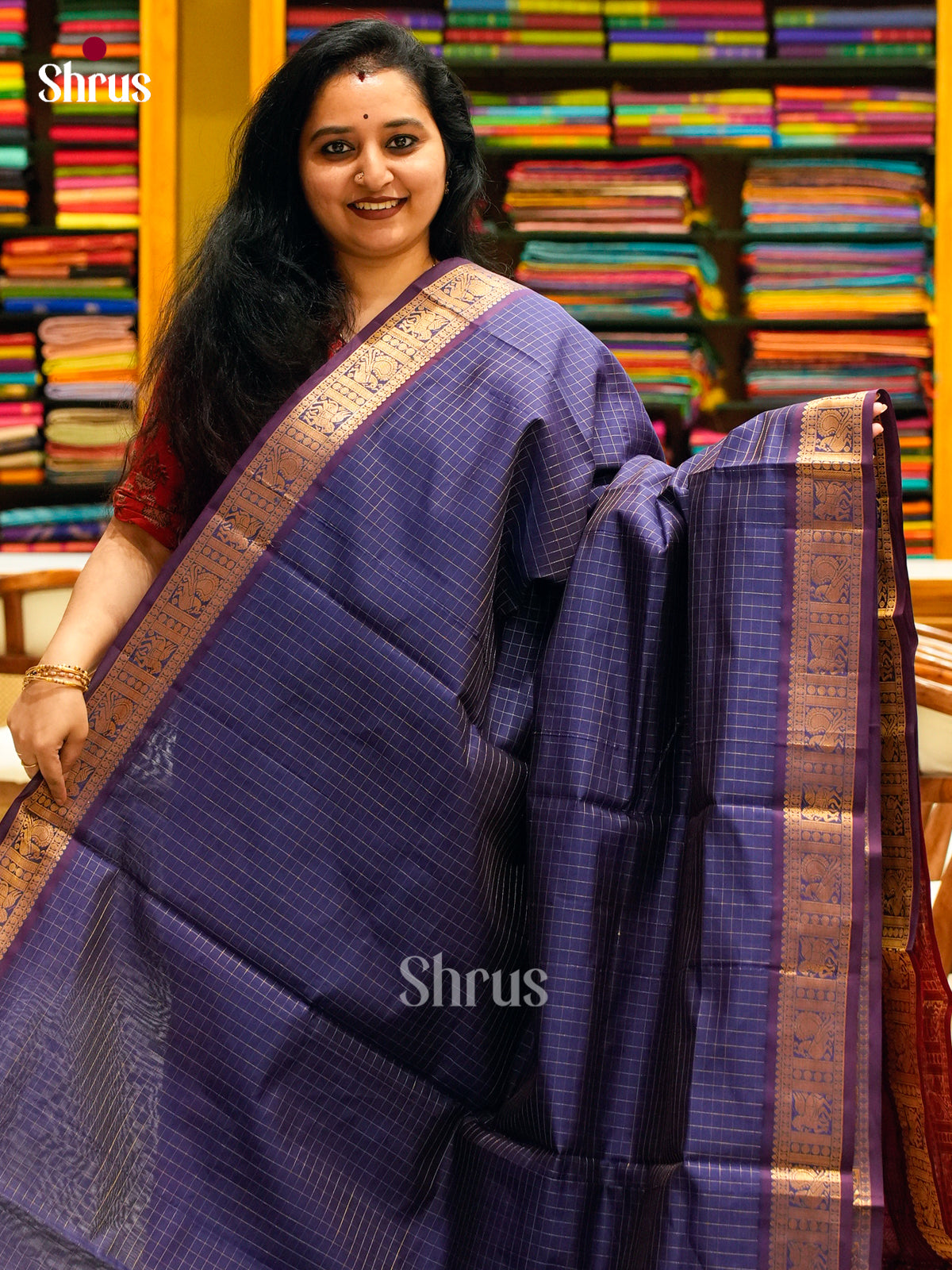 Navy Blue Halfpure Silk Cotton Saree with Checks | Maroon Contrast Border