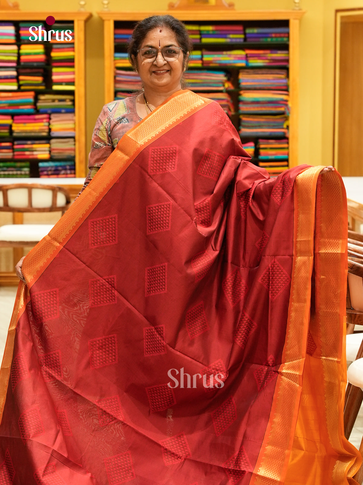 Maroon Halfpure Silk Cotton Saree with Diamond Buttas | Mustard Contrast Border