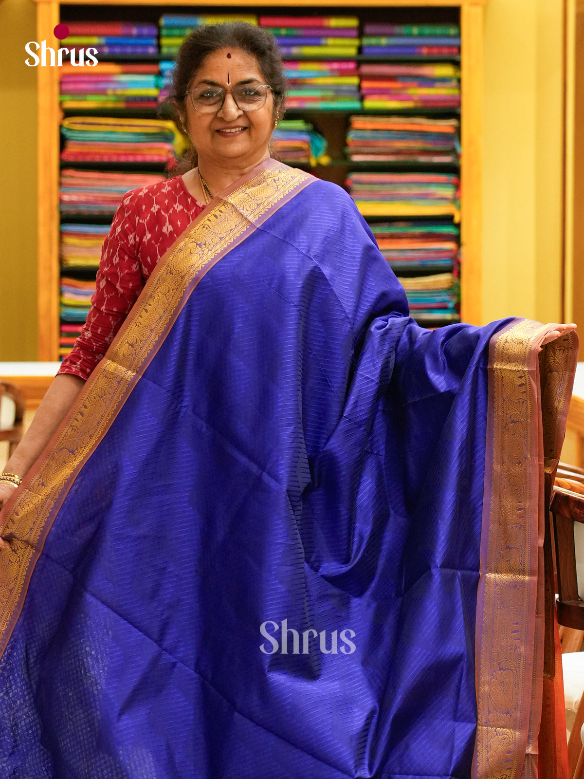 Royal Blue Halfpure Silk Cotton Saree with Brocade | Mustard Contrast Border