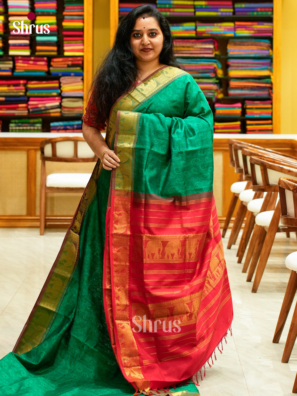 Dark Green Halfpure Silk Cotton Saree with Mango / Paisley Buttas | Red Contrast Border