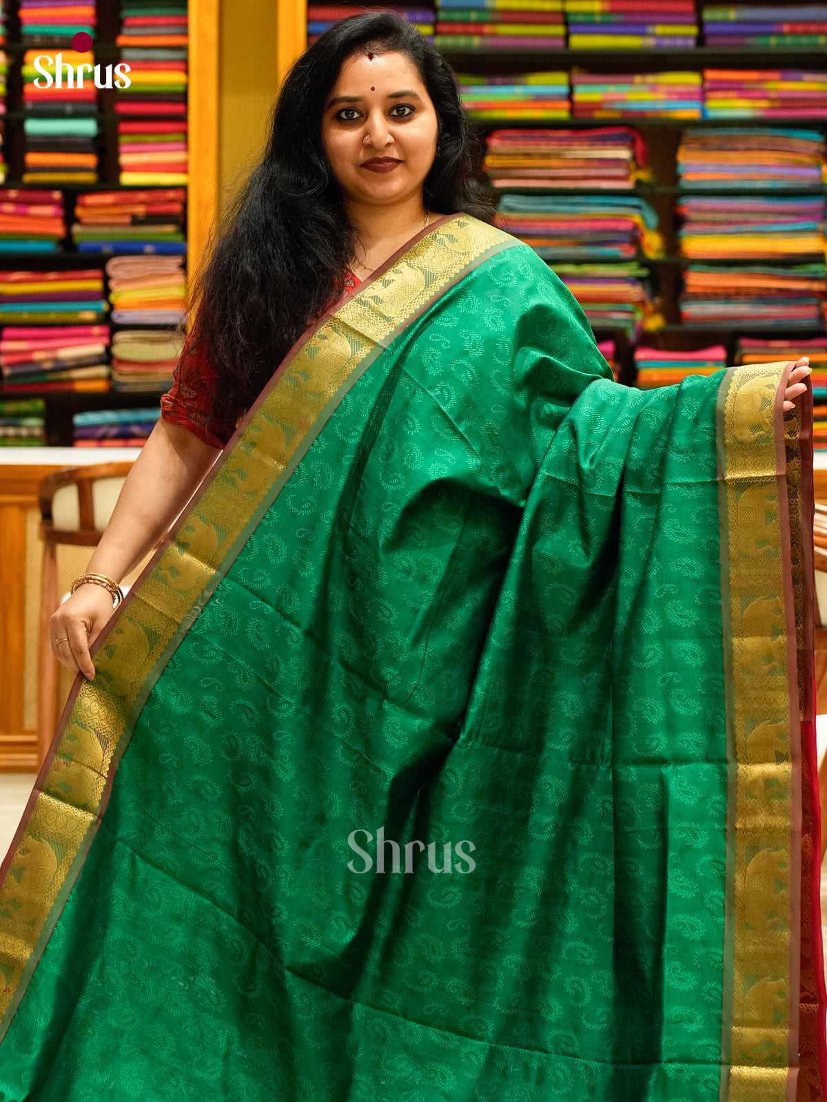Dark Green Halfpure Silk Cotton Saree with Mango / Paisley Buttas | Red Contrast Border