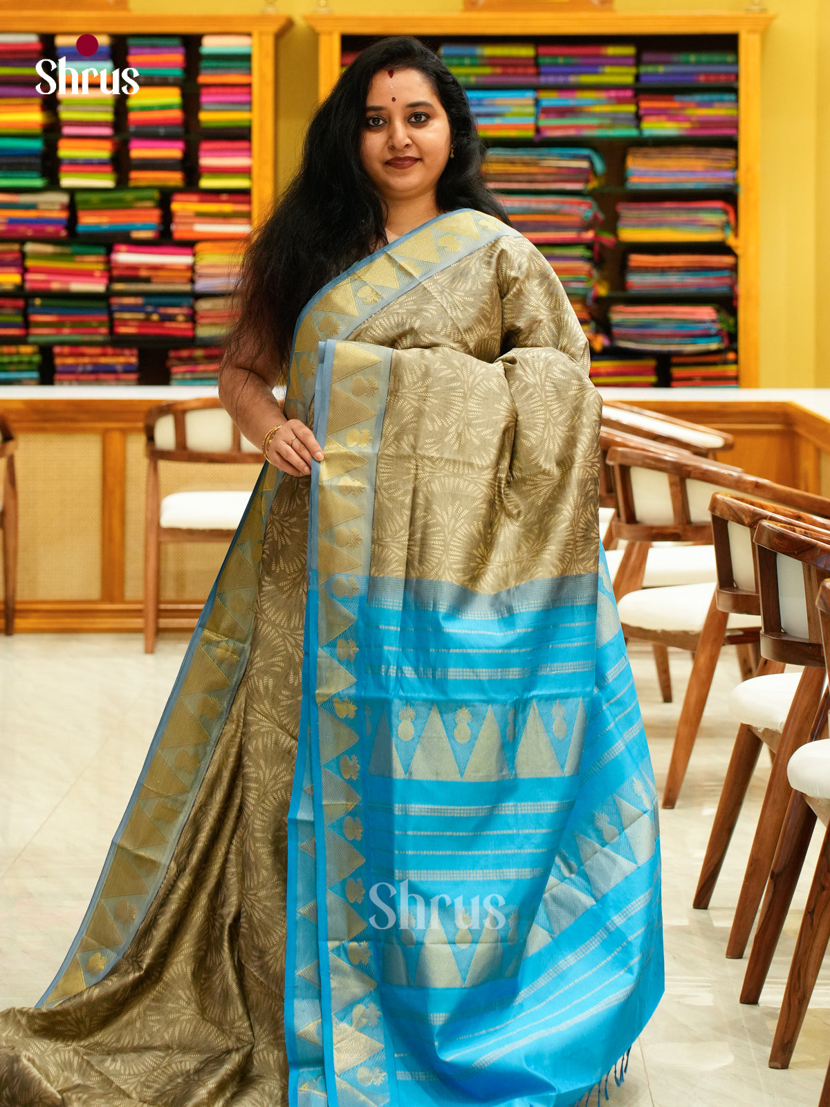 Sky Blue Halfpure Silk Cotton Saree with Leaf Buttas | Silver Grey Contrast Border