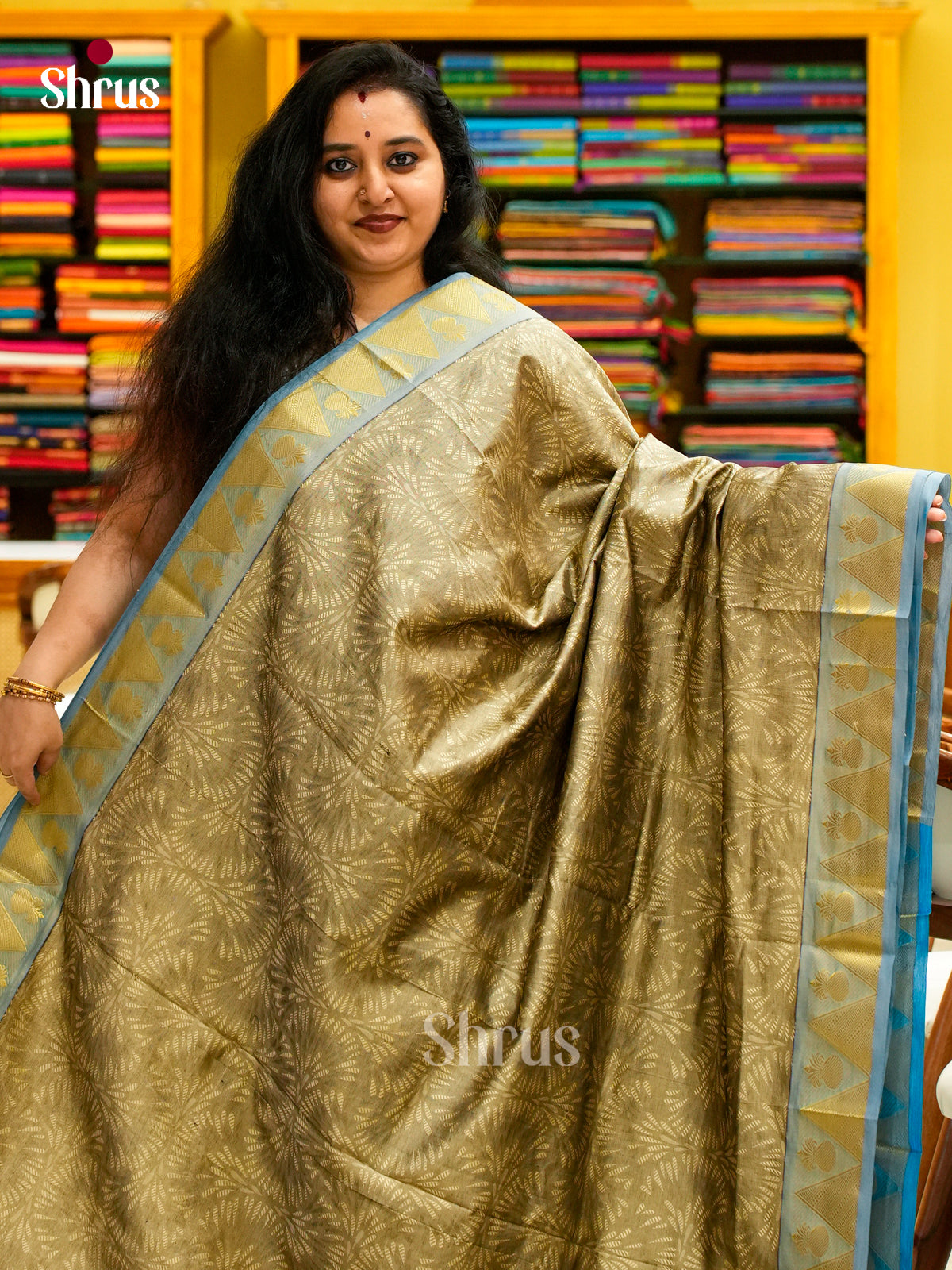 Sky Blue Halfpure Silk Cotton Saree with Leaf Buttas | Silver Grey Contrast Border