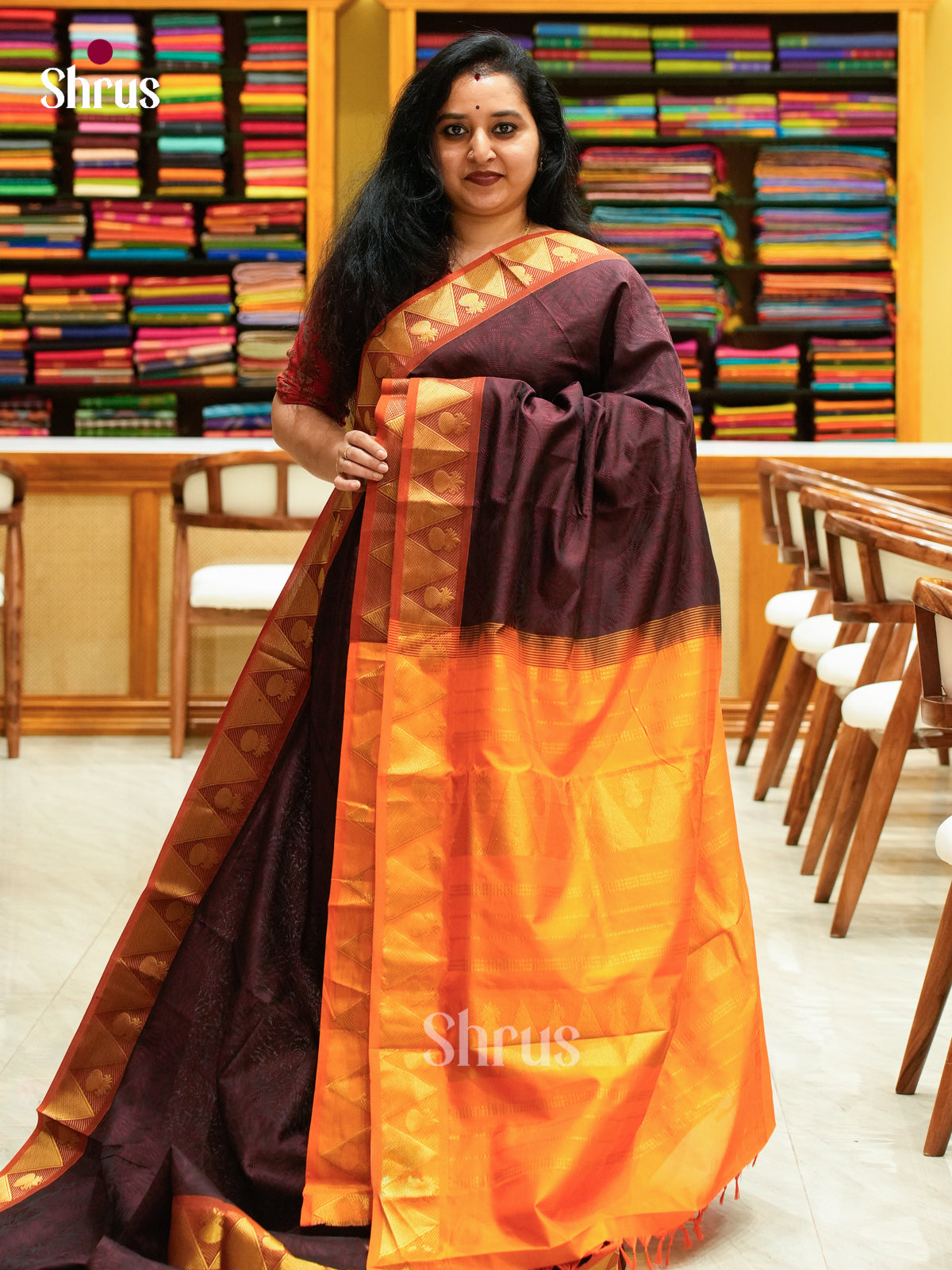 Dark Brown Halfpure Silk Cotton Saree with Brocade | Orange Contrast Border - Shop on Shrus.com