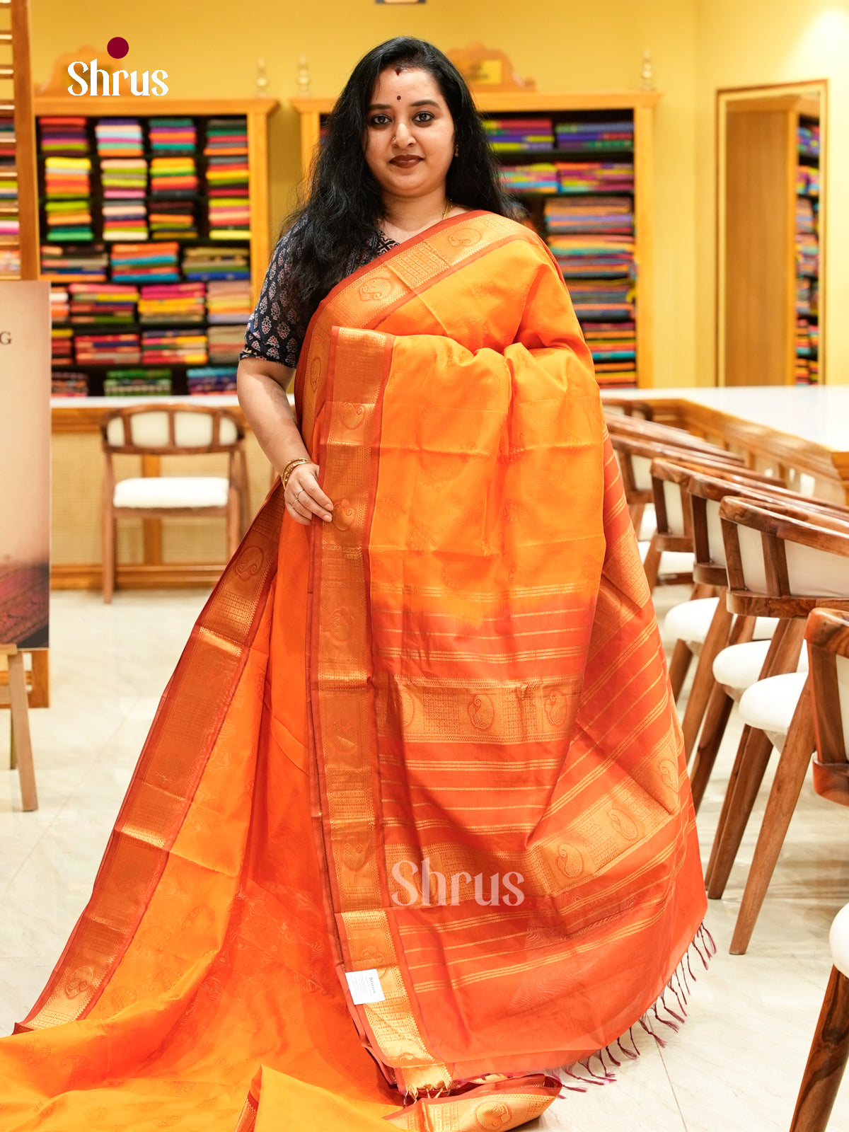 Orange Halfpure Silk Cotton Saree with Mango / Paisley Buttas | Dark Orange Contrast Border