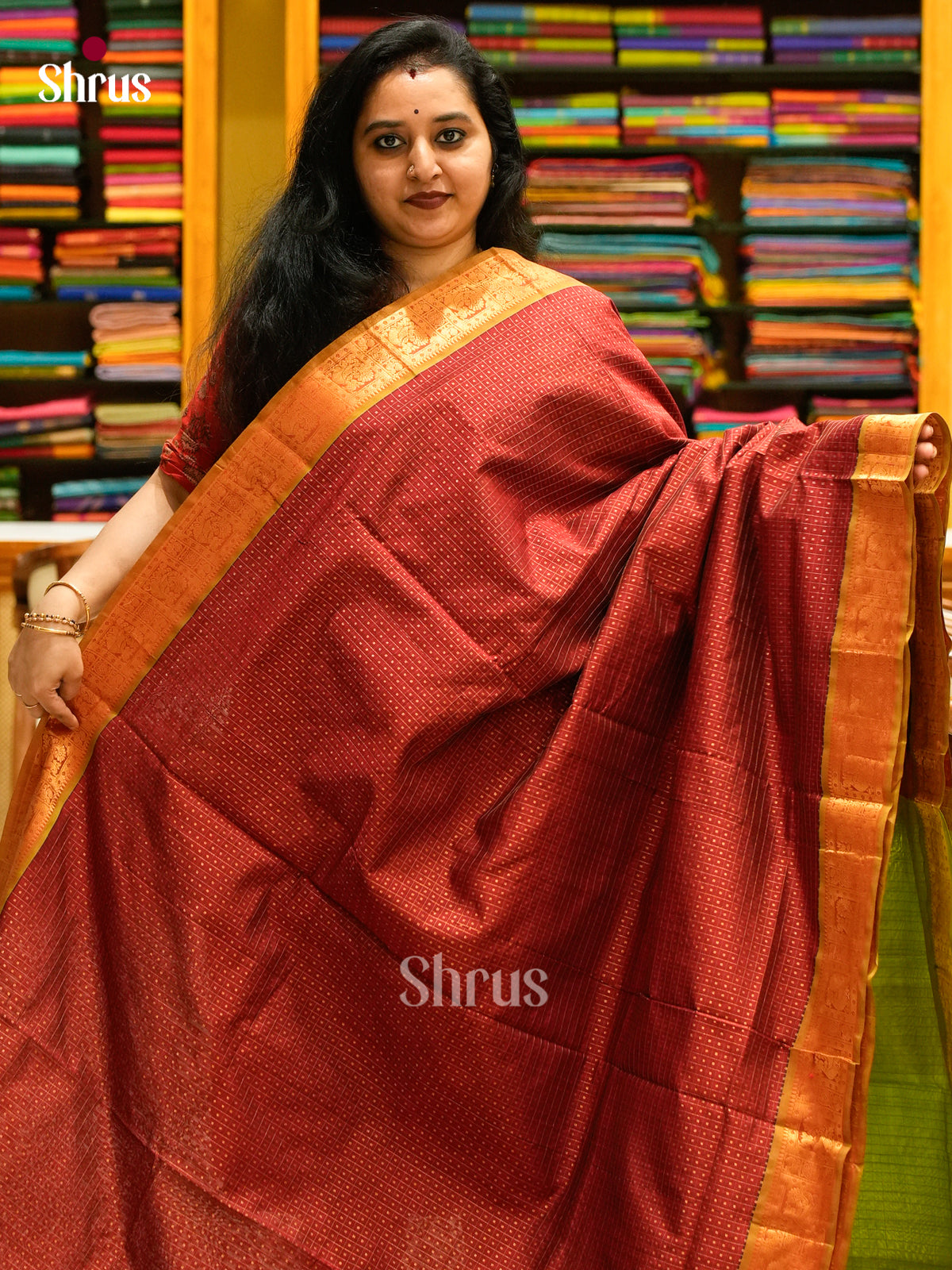 Maroon Halfpure Silk Cotton Saree with Round Zari Buttas | Light Green Contrast Border