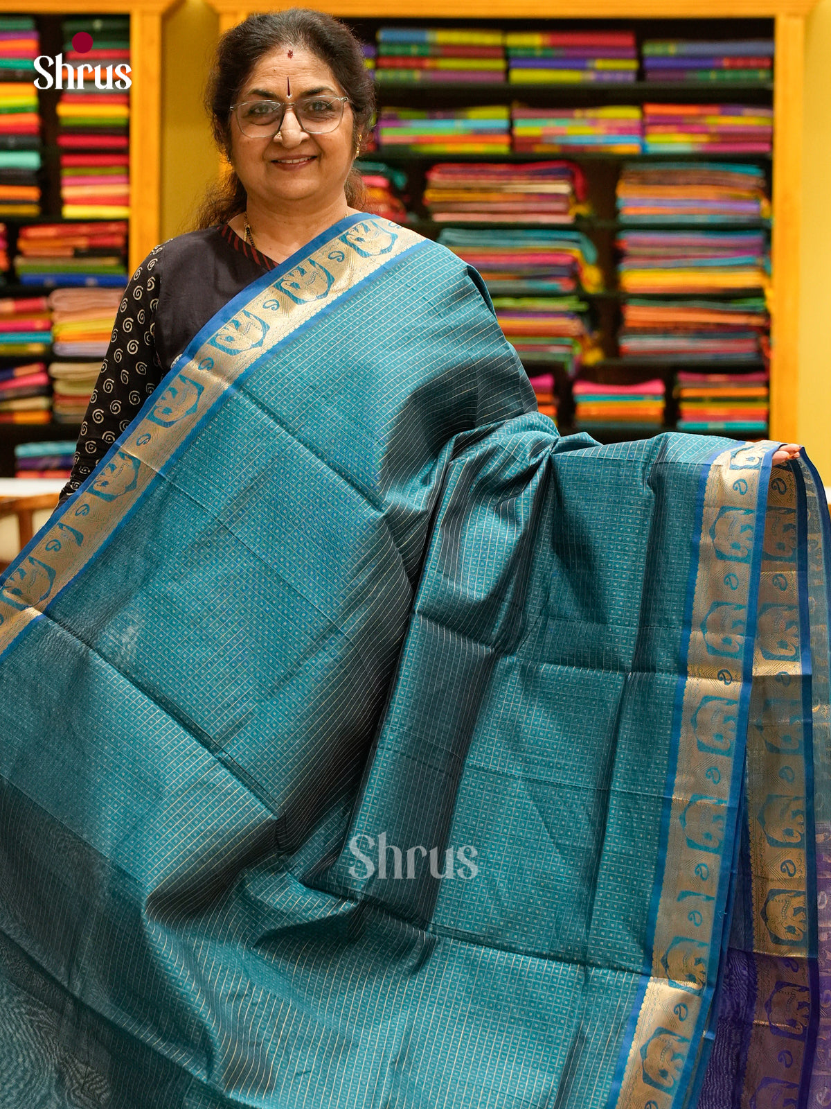 Peacock Blue Halfpure Silk Cotton Saree with Checks | Dark Blue Contrast Border - Shop on Shrus.com