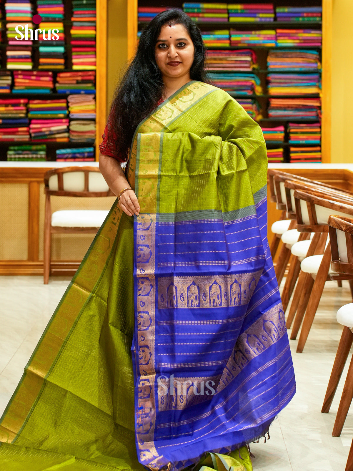 Green Halfpure Silk Cotton Saree with Round Zari Buttas | Blue Contrast Border