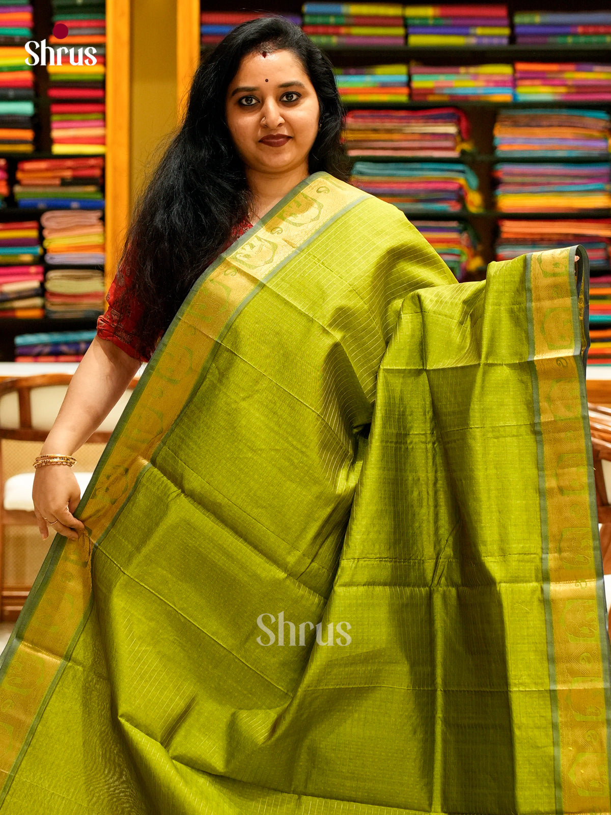 Green Halfpure Silk Cotton Saree with Round Zari Buttas | Blue Contrast Border