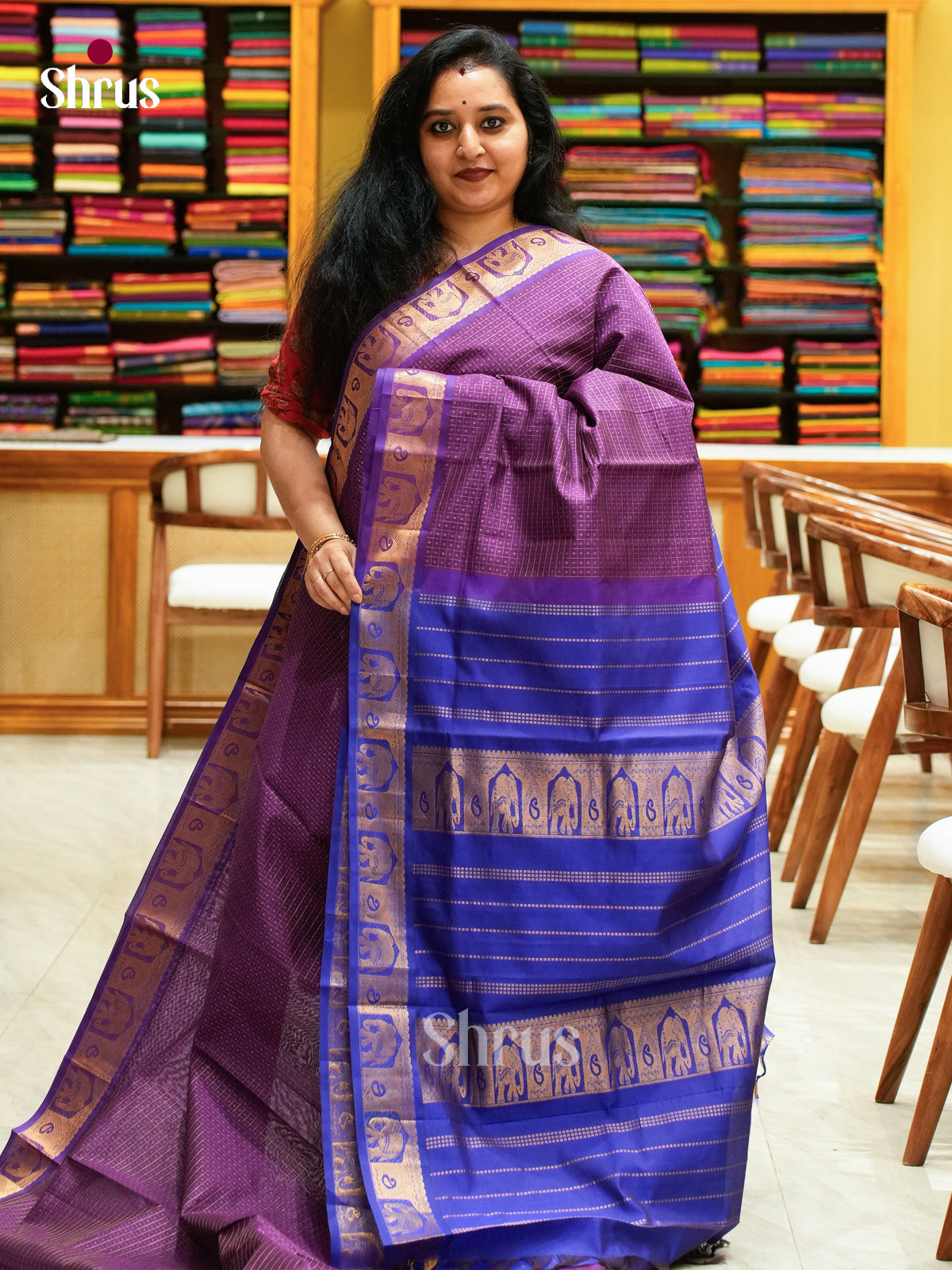 Magenta Halfpure Silk Cotton Saree with Round Zari Buttas | Blue Contrast Border