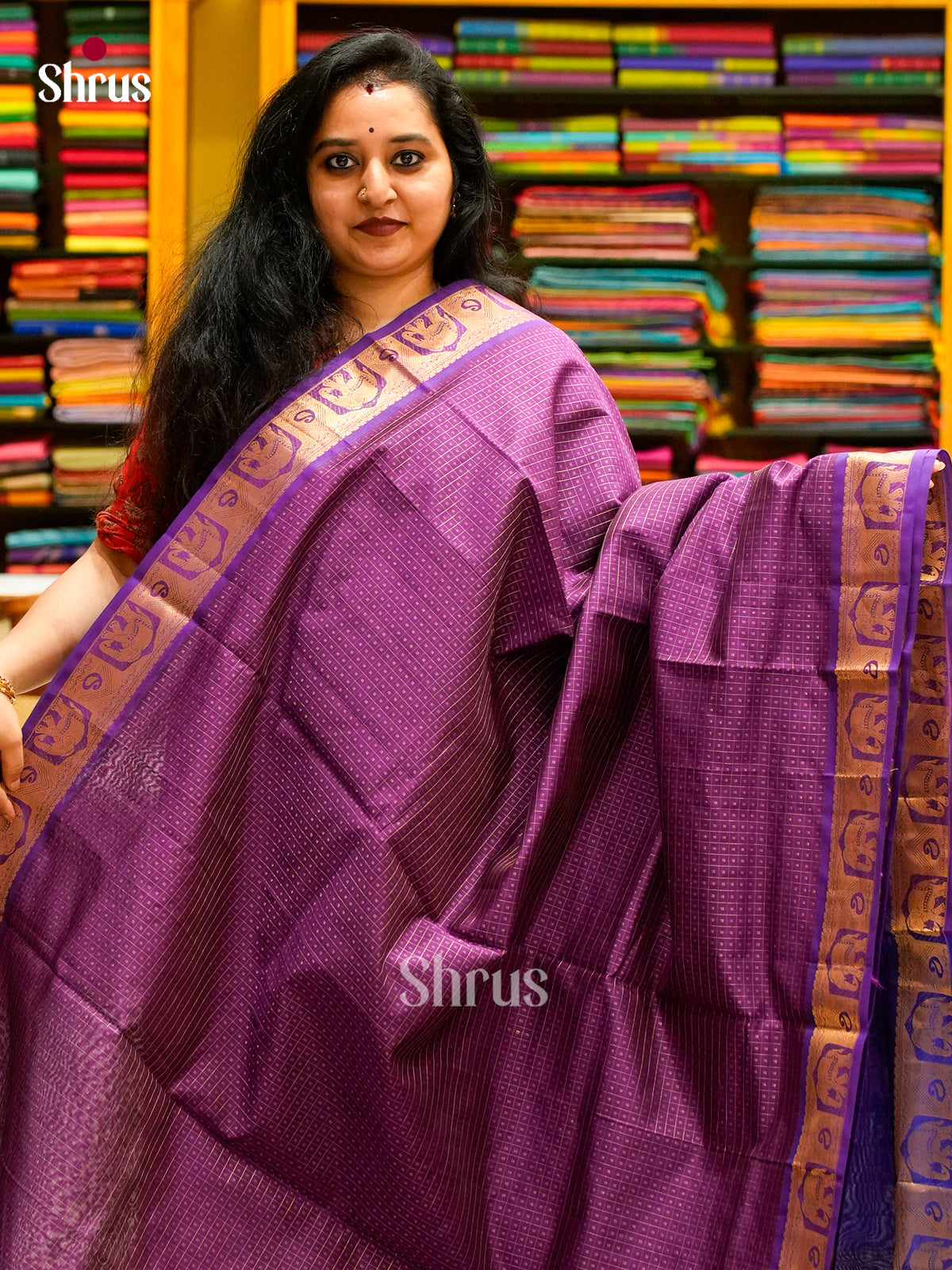 Magenta Halfpure Silk Cotton Saree with Round Zari Buttas | Blue Contrast Border
