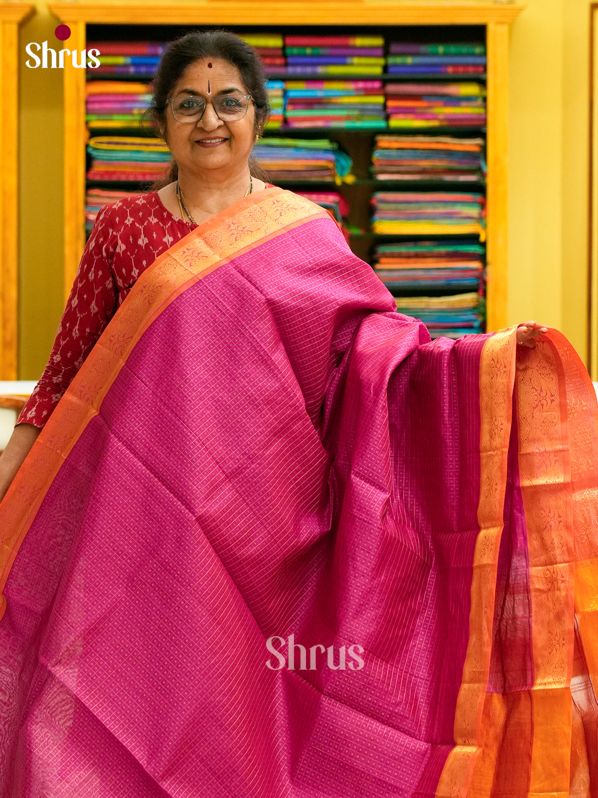 Dark Orange Halfpure Silk Cotton Saree with Checks and Thousand Buttas | Pink Contrast Border