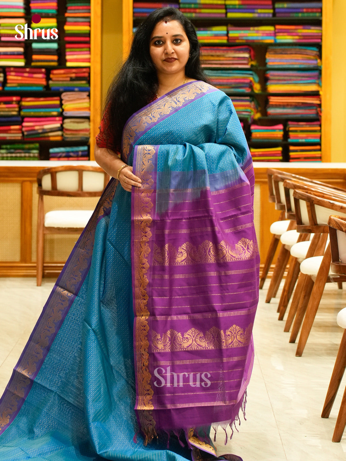 Peacock Blue Halfpure Silk Cotton Saree with Round Zari Buttas | Violet Contrast Border