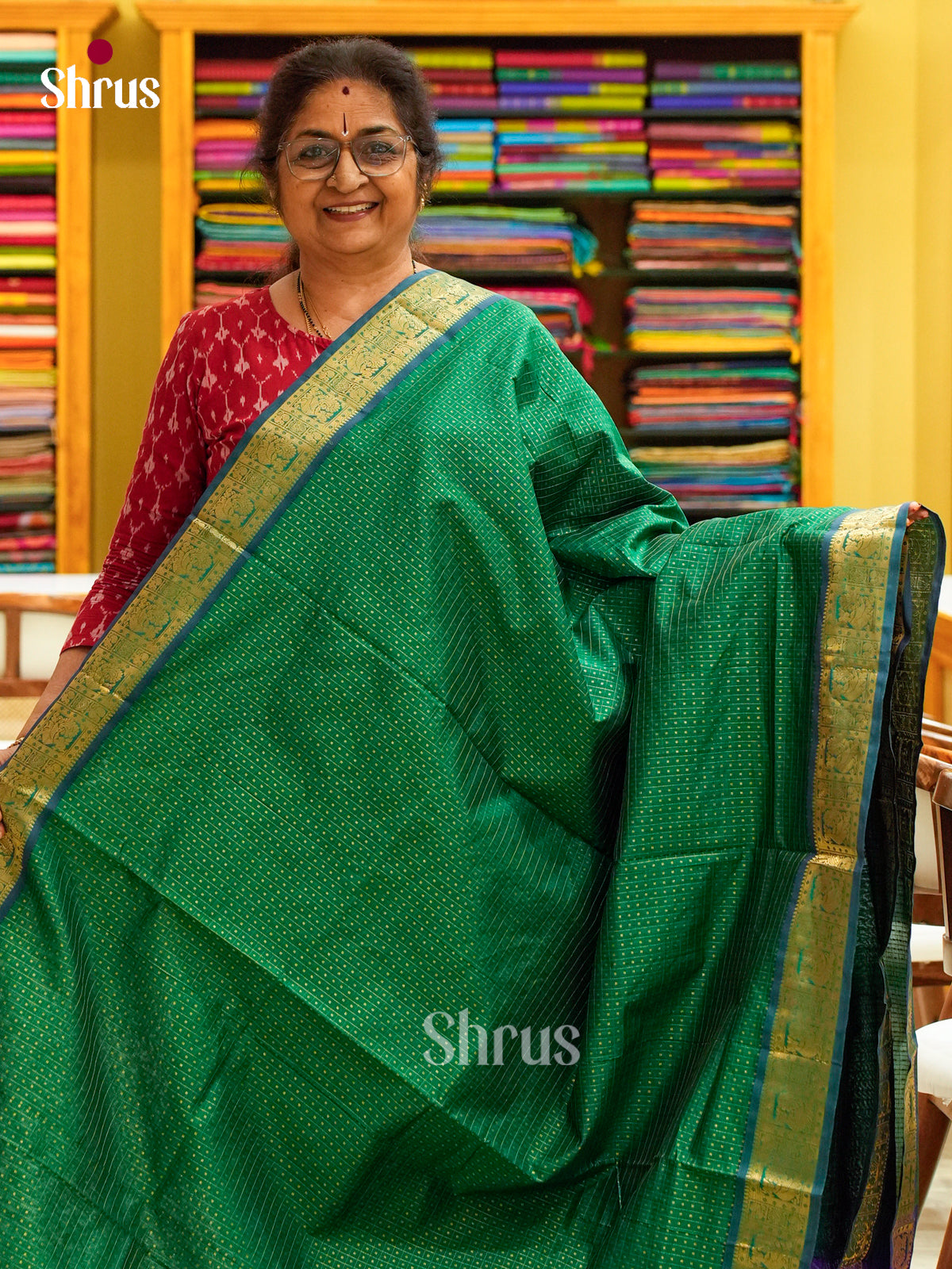 Bottle Green Halfpure Silk Cotton Saree with Checks and Thousand Buttas | Purple Contrast Border