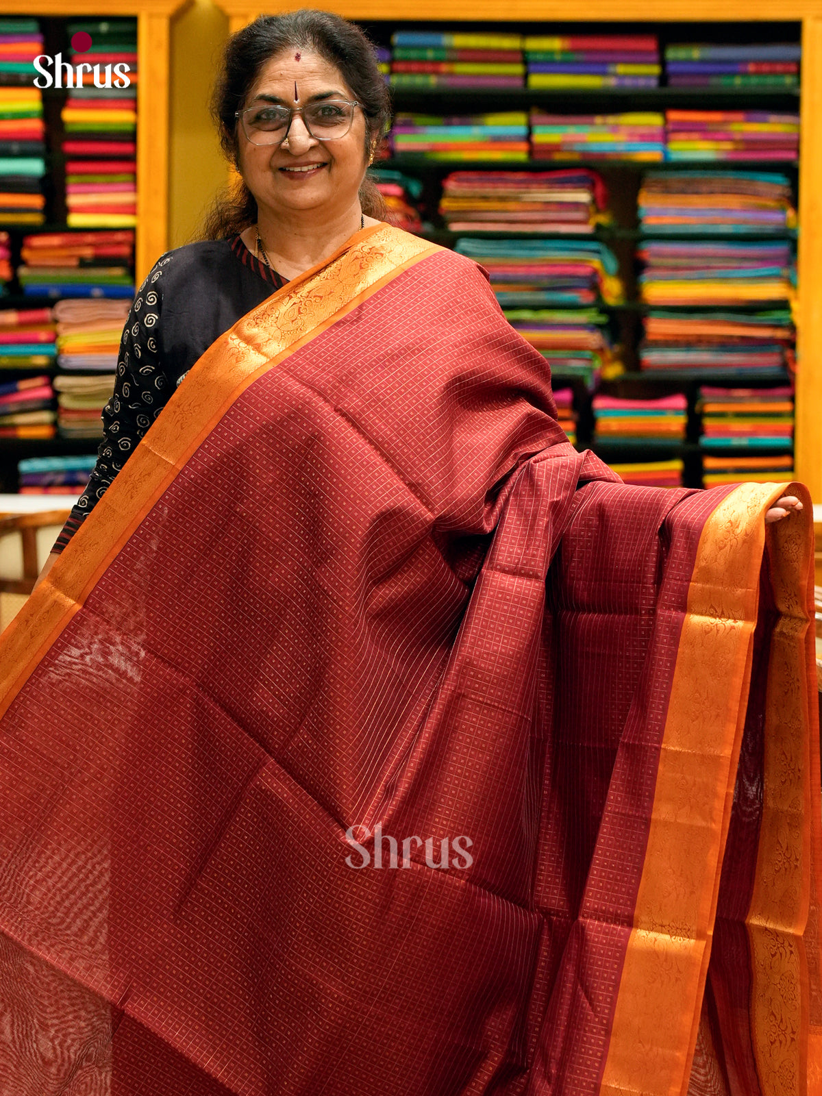 Maroon Silk Cotton Saree with Thousand Buttas | Rust Orange Contrast Border - Shop on Shrus.com