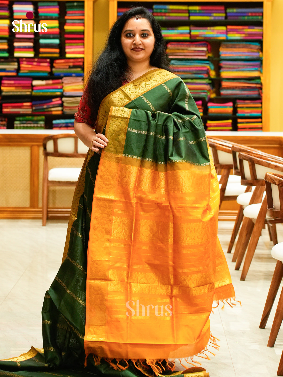 Dark Green Halfpure Silk Cotton Saree with Floral Buttas | Orange Contrast Border - Shop on Shrus.com
