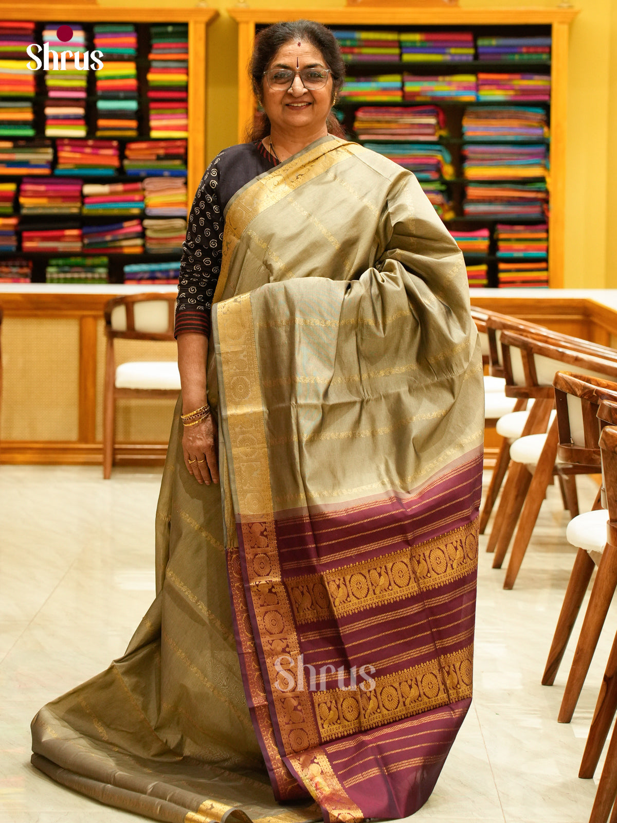 Grey Halfpure Silk Cotton Saree with Floral Buttas | Maroon Contrast Border