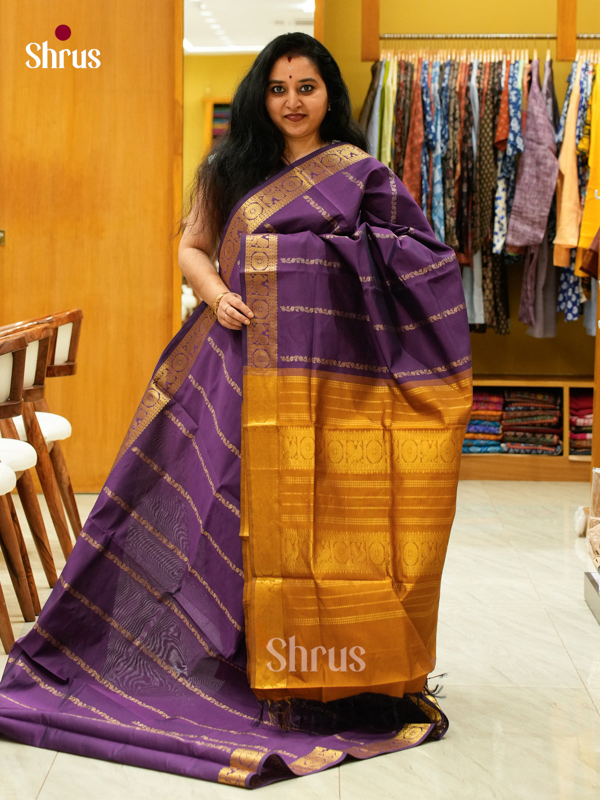 Violet Halfpure Silk Cotton Saree with Floral Buttas | Mustard Contrast Border