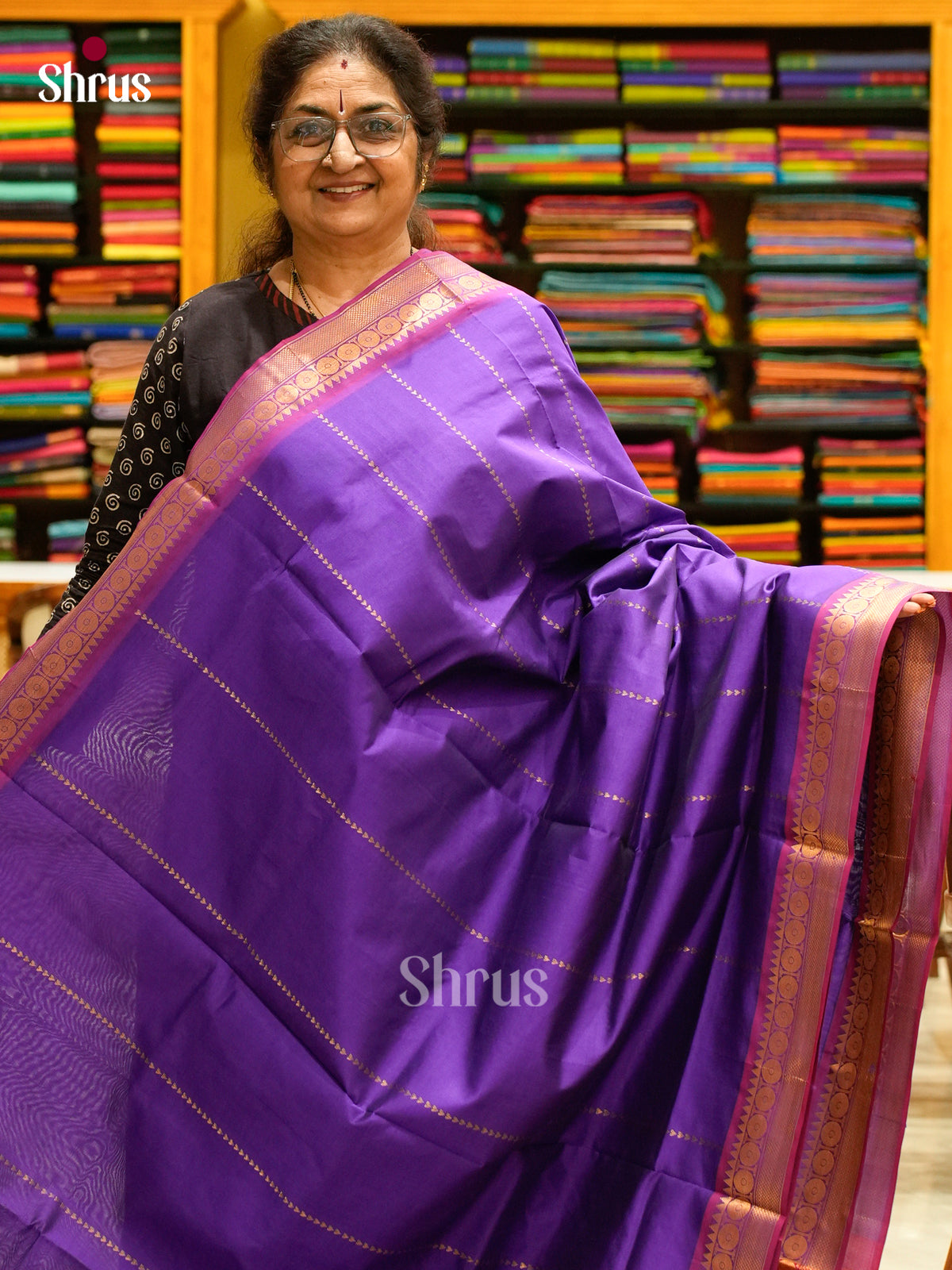 Violet Halfpure Silk Cotton Saree with Geometric Buttas | Pink Contrast Border - Shop on Shrus.com
