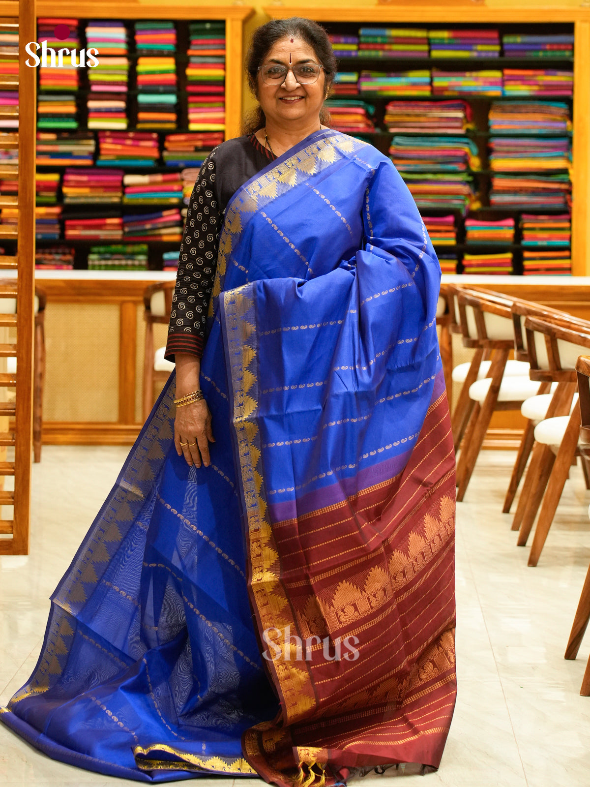 Blue Halfpure Silk Cotton Saree with Mango / Paisley Buttas | Maroon Contrast Border - Shop on Shrus.com