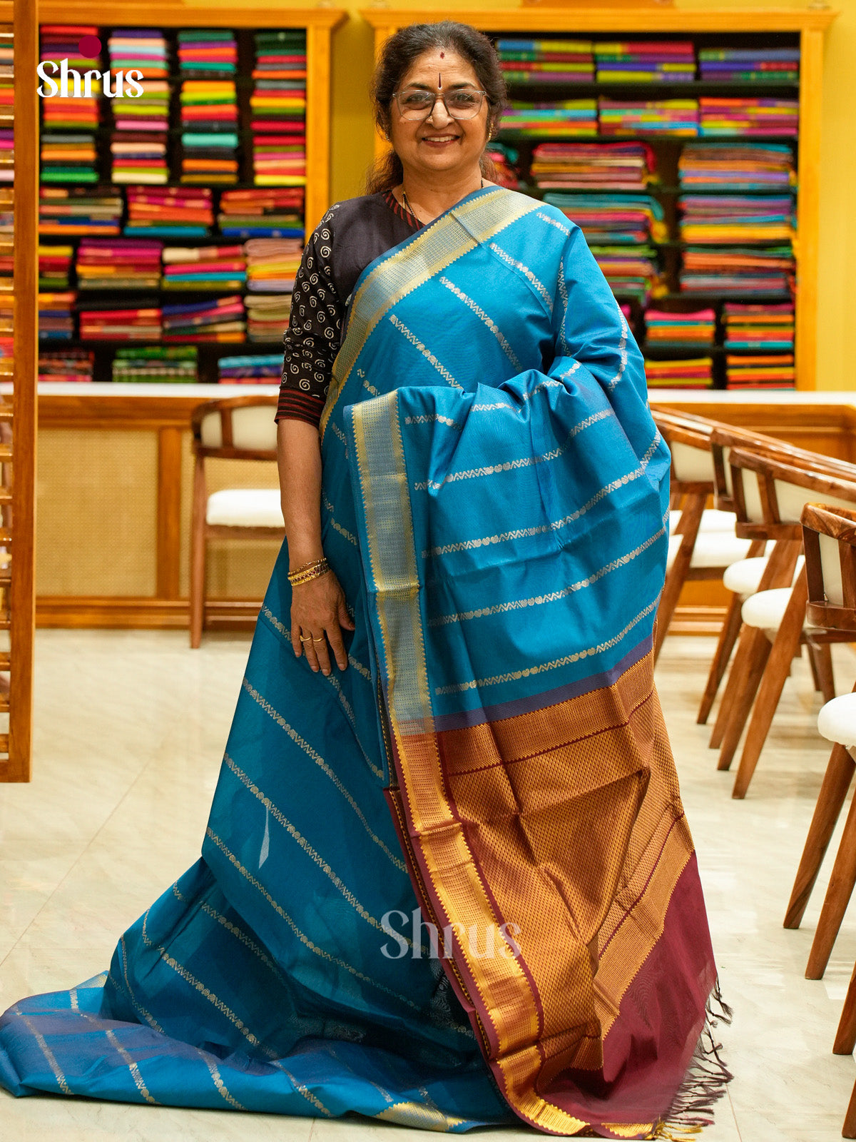Blue Halfpure Silk Cotton Saree with Mango / Paisley Buttas | Maroon Contrast Border — EFS29251 - Shop on Shrus.com
