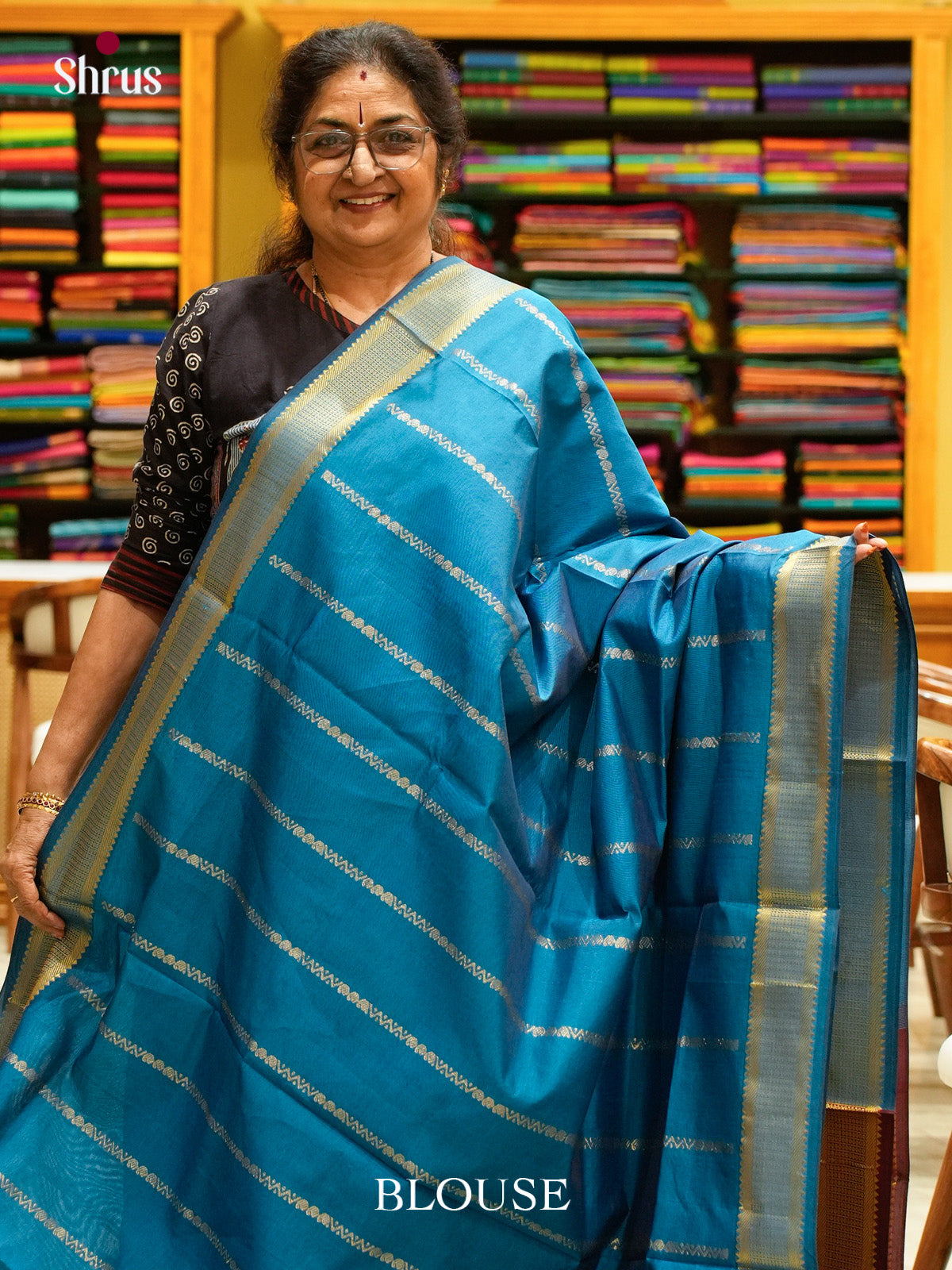 Blue Halfpure Silk Cotton Saree with Mango / Paisley Buttas | Maroon Contrast Border — EFS29251 - Shop on Shrus.com