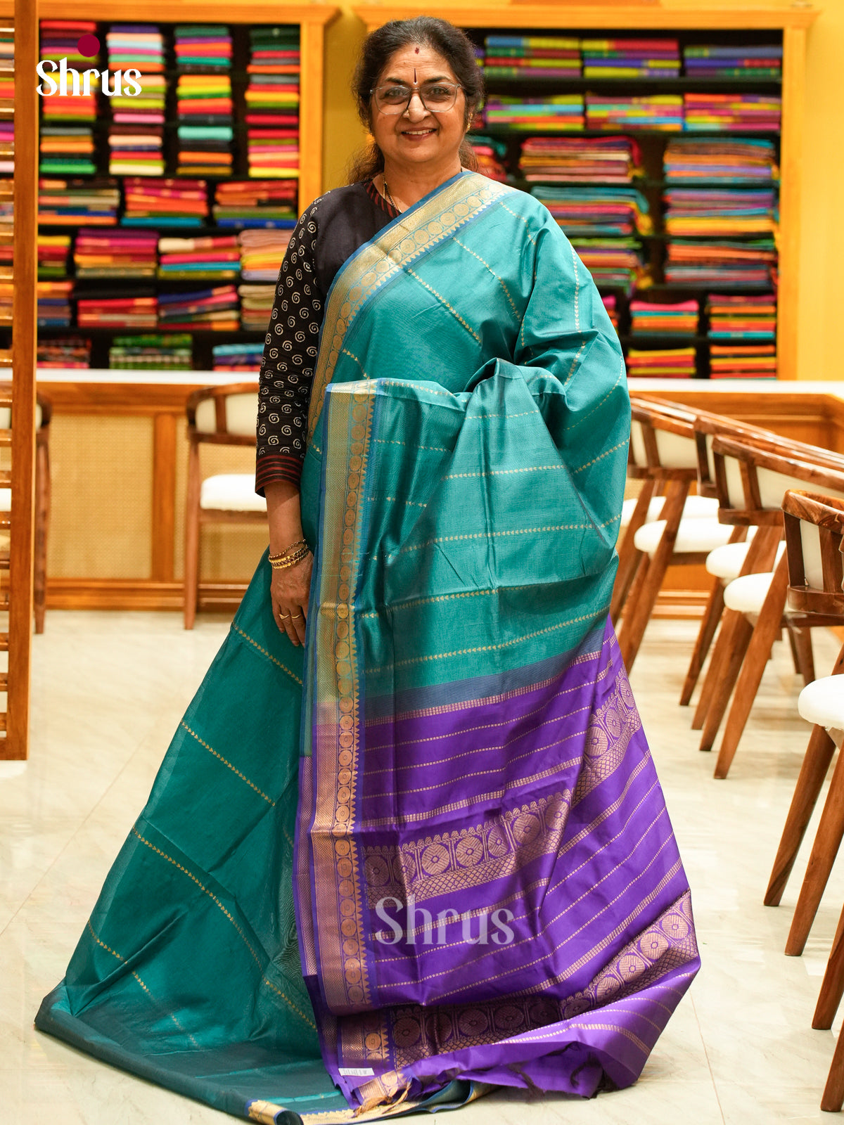 Green Halfpure Silk Cotton Saree with Lines and Vaira Oosi | Violet Contrast Border - Shop on Shrus.com