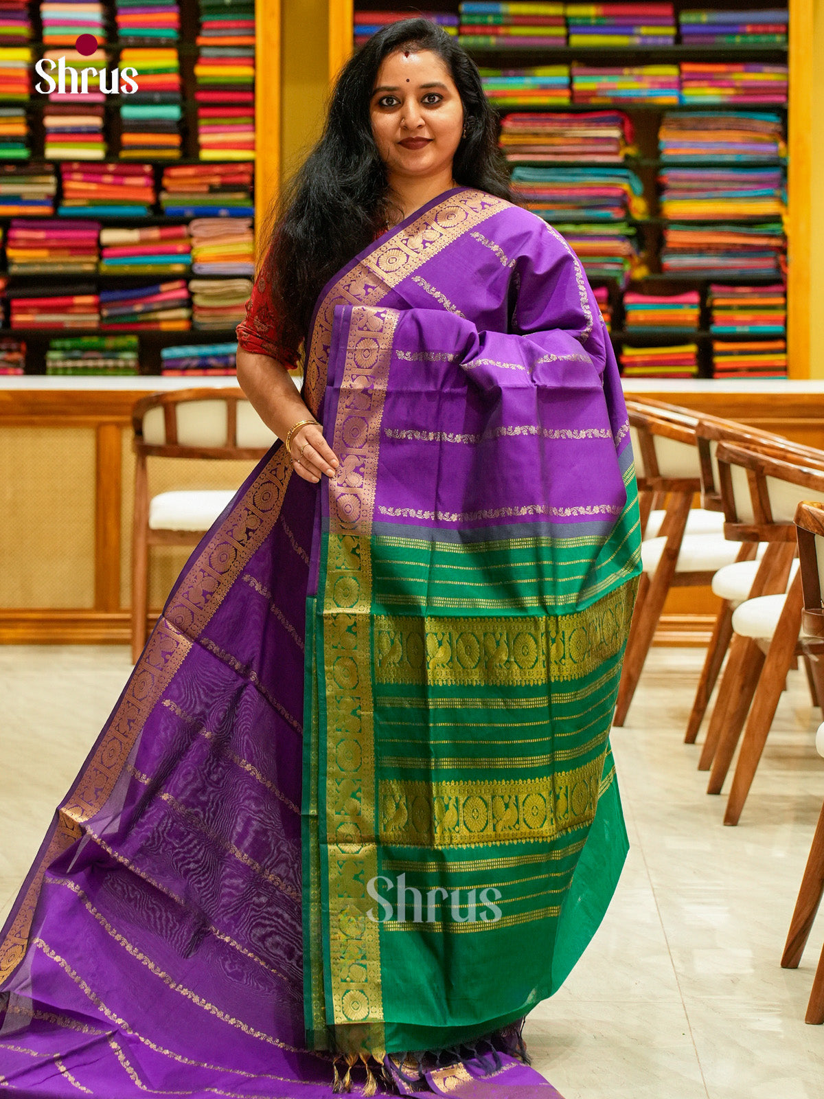 Violet Halfpure Silk Cotton Saree with Floral Buttas | Green Contrast Border - Shop on Shrus.com