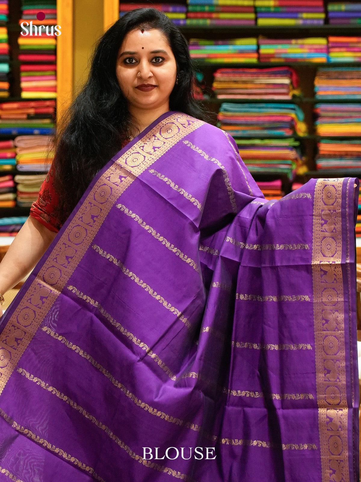 Violet Halfpure Silk Cotton Saree with Floral Buttas | Green Contrast Border - Shop on Shrus.com