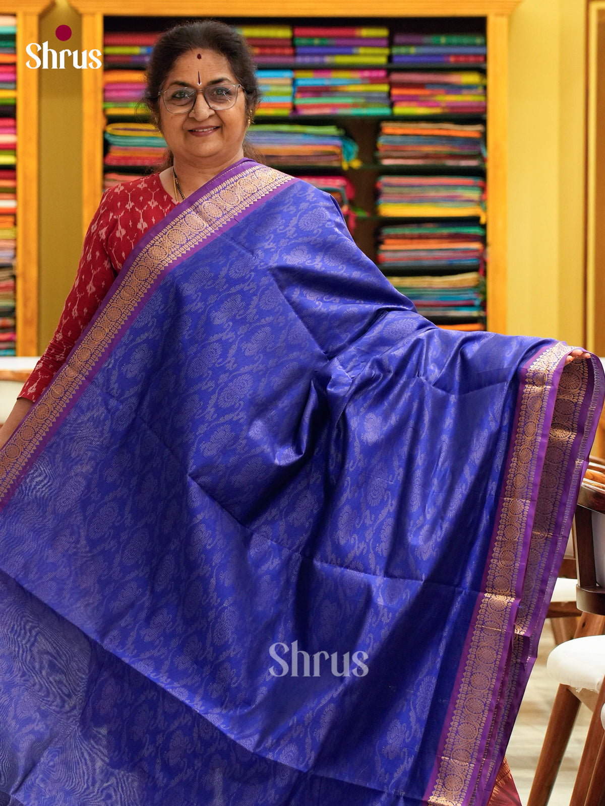 Blue Halfpure Silk Cotton Saree with Brocade and Floral Nestling Brocade | Maroon Contrast Border