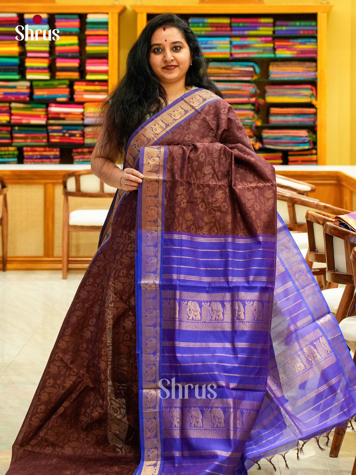 Brown Halfpure Silk Cotton Saree with Brocade and Floral Nestling Brocade | Violet Contrast Border