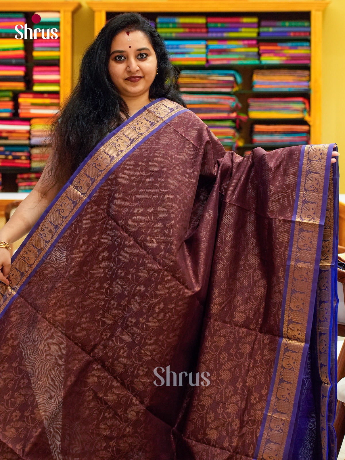 Brown Halfpure Silk Cotton Saree with Brocade and Floral Nestling Brocade | Violet Contrast Border