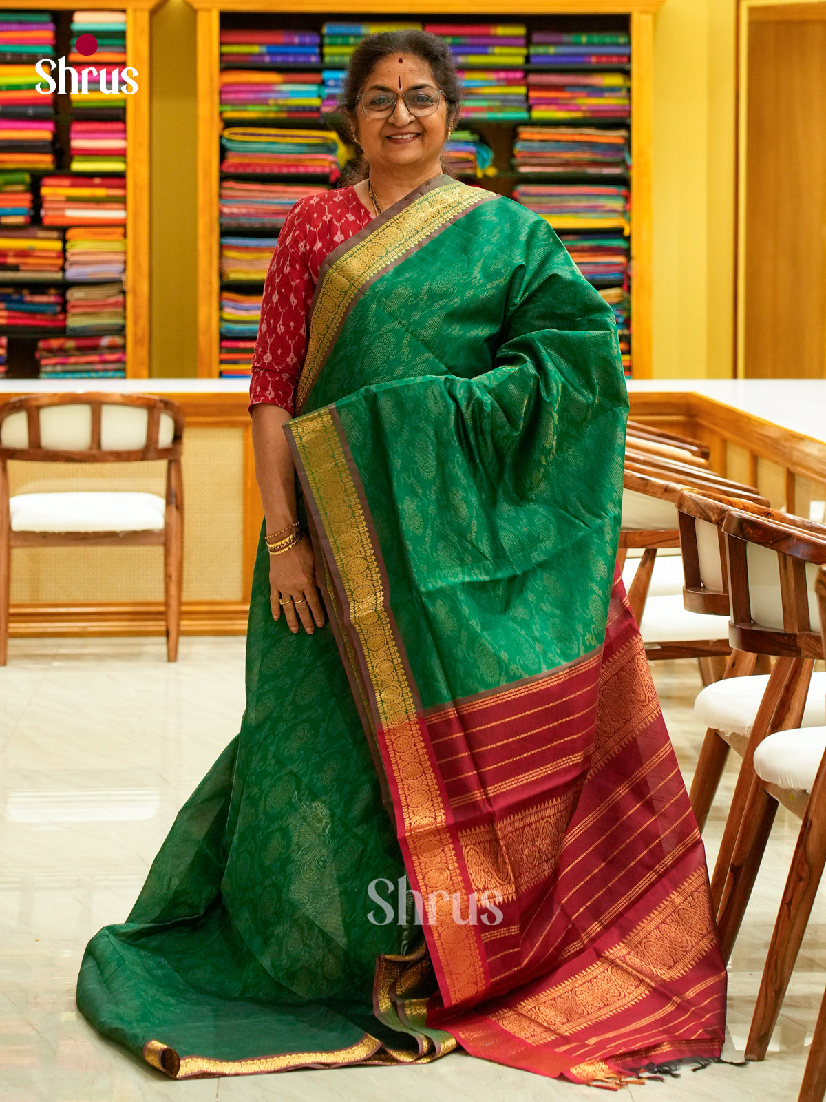 Dark Green Halfpure Silk Cotton Saree with Lines and Vaira Oosi | Maroon Contrast Border