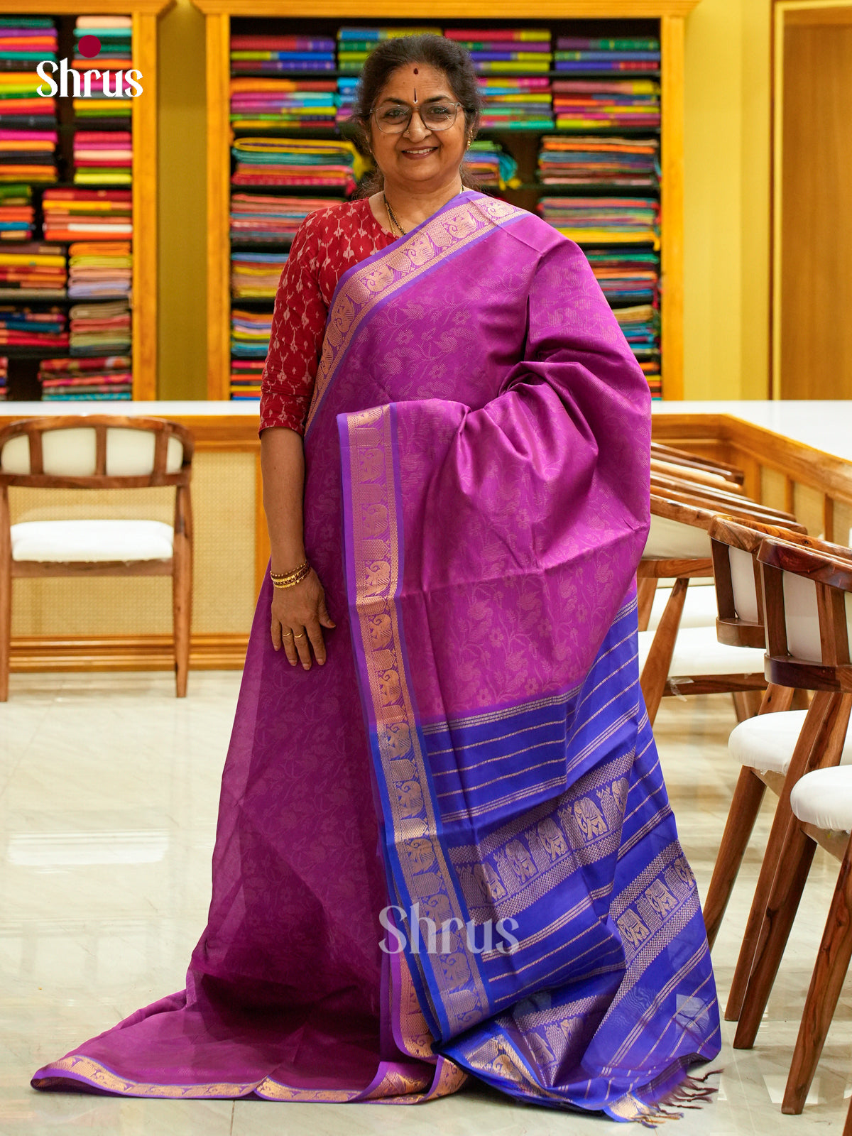 Rani Pink Halfpure Silk Cotton Saree with Brocade | Royal Blue Contrast Border