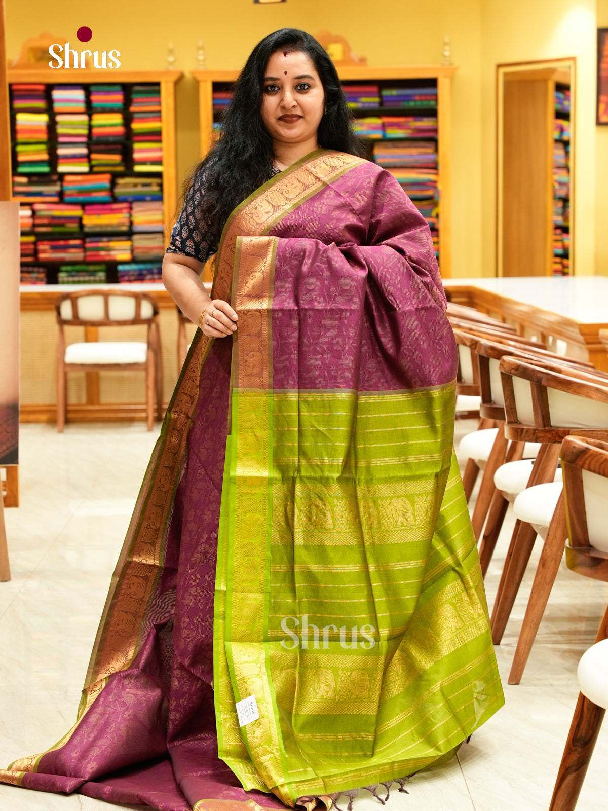 Magenta Halfpure Silk Cotton Saree with Brocade and Floral Nestling Brocade | Olive Green Contrast Border
