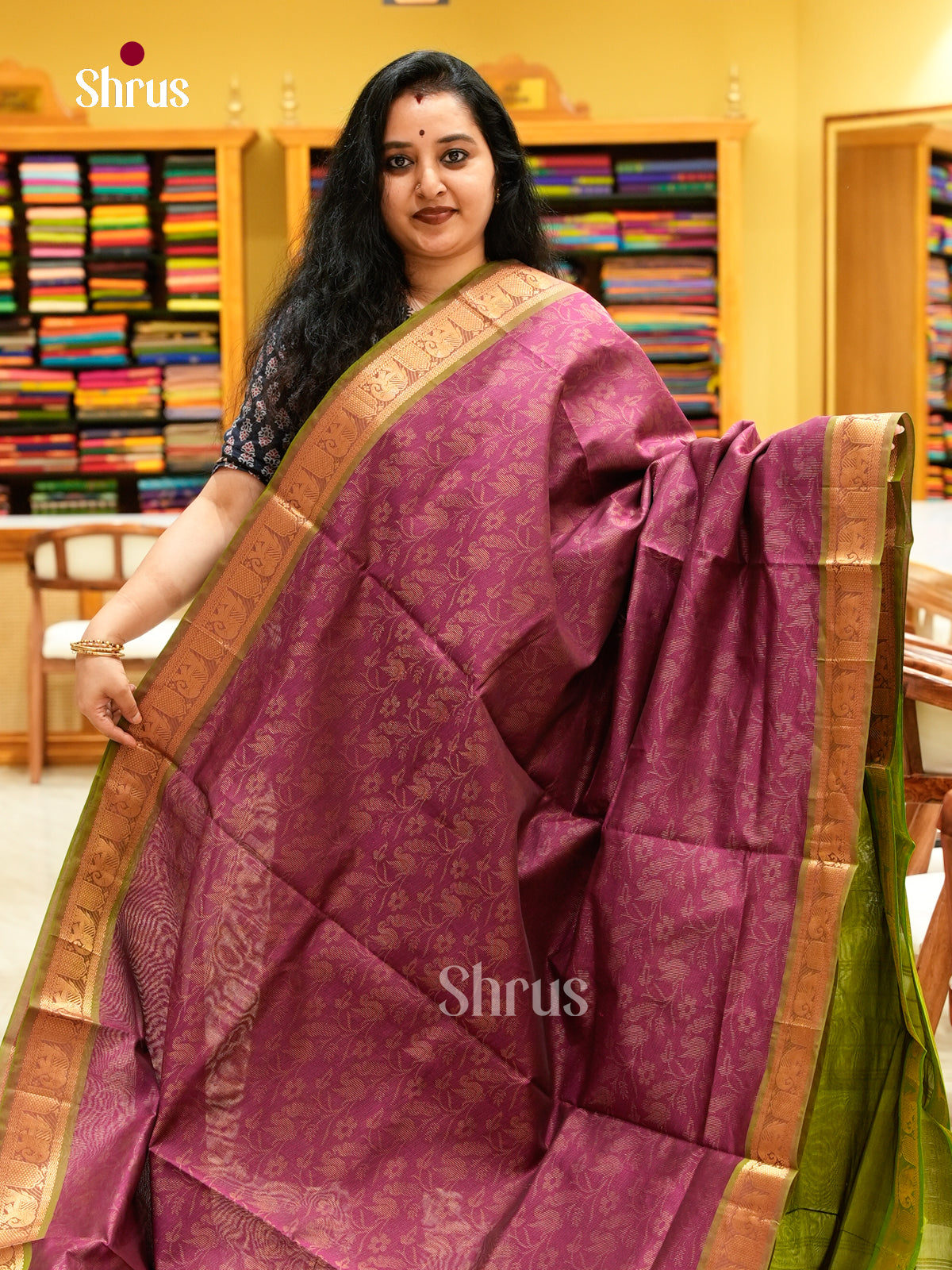 Magenta Halfpure Silk Cotton Saree with Brocade and Floral Nestling Brocade | Olive Green Contrast Border
