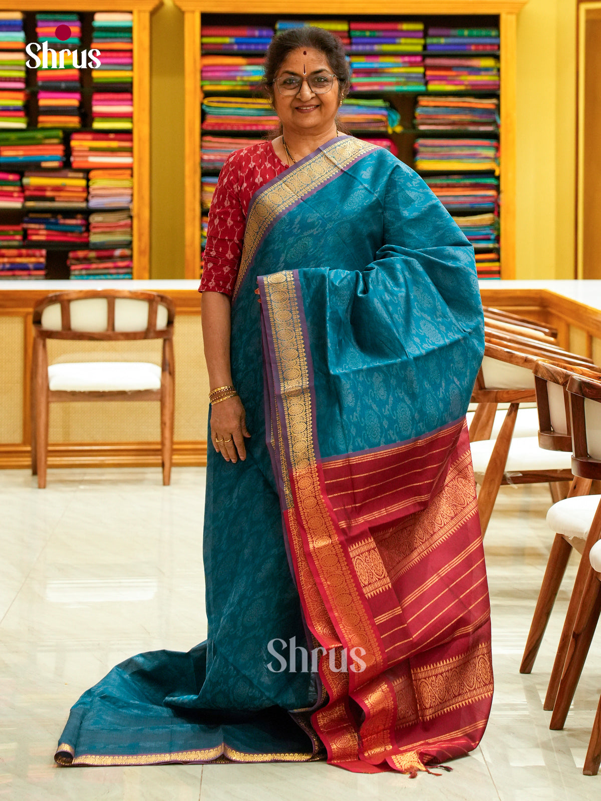 Peacock Green Halfpure Silk Cotton Saree with Brocade and Floral Nestling Brocade | Maroon Contrast Border