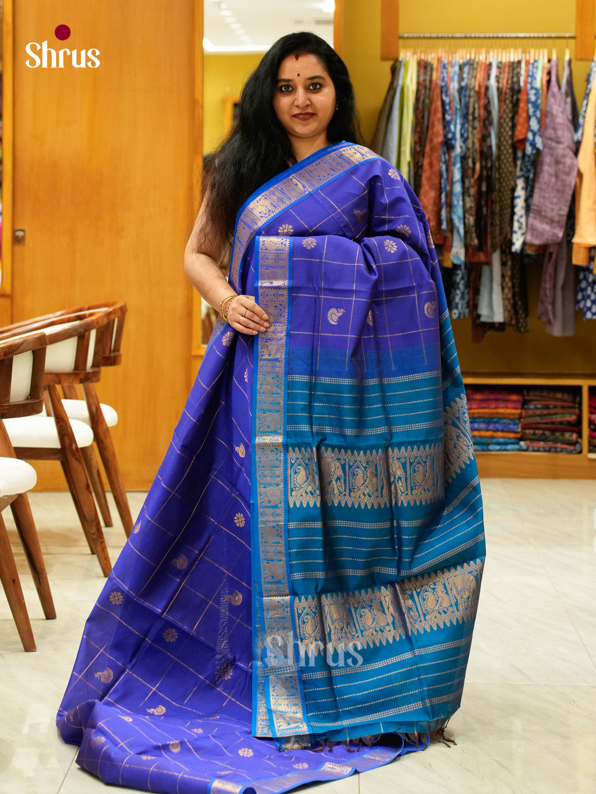 Royal Blue Halfpure Silk Cotton Saree with Checks with Buttas and Peacock Buttas | Teal Blue Contrast Border