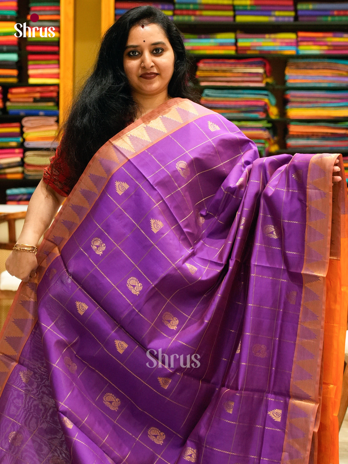Violet Halfpure Silk Cotton Saree with Peacock Buttas | Orange Contrast Border