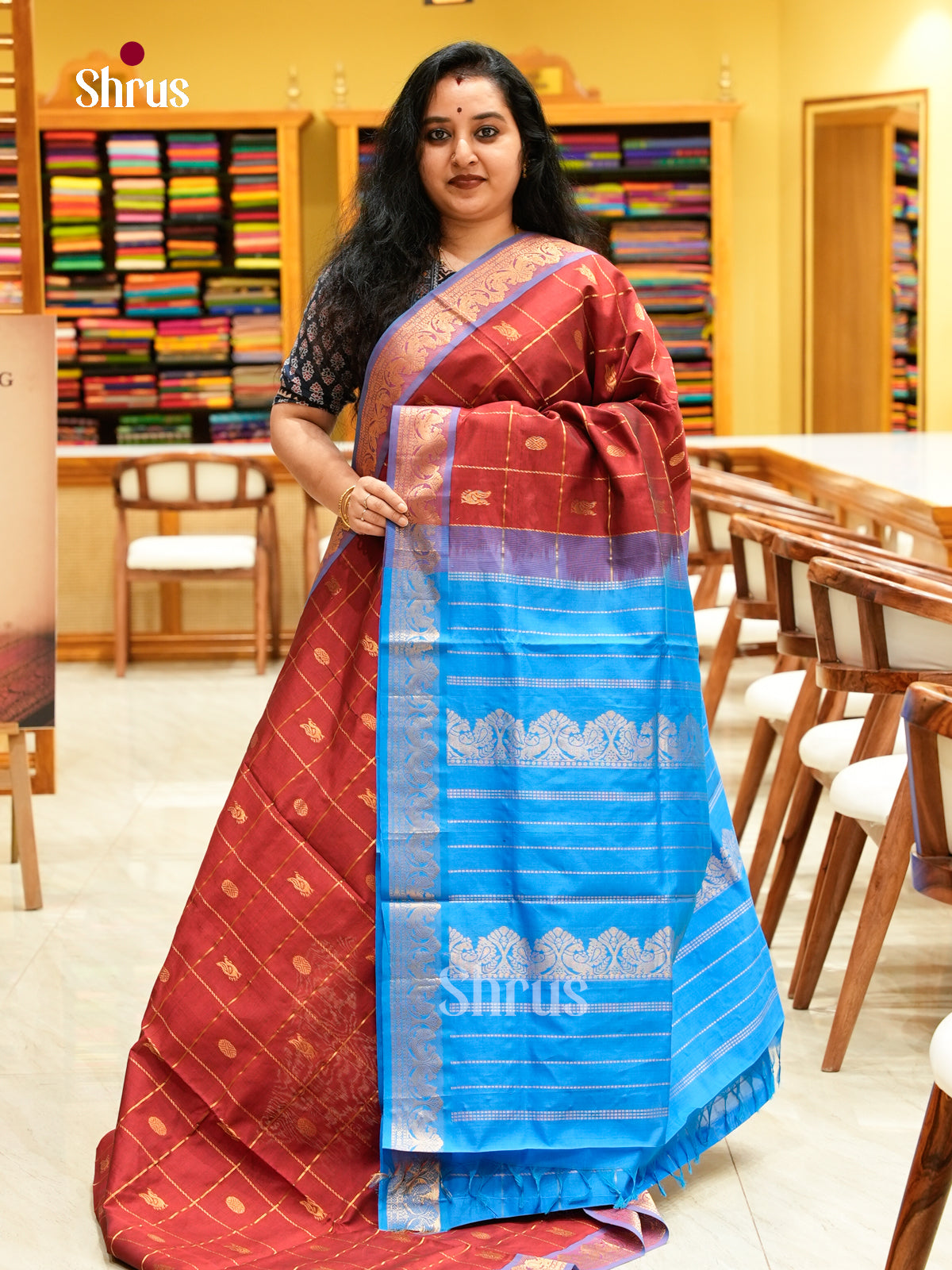 Maroon Halfpure Silk Cotton Saree with Checks with Buttas and Peacock Buttas | Sky Blue Contrast Border