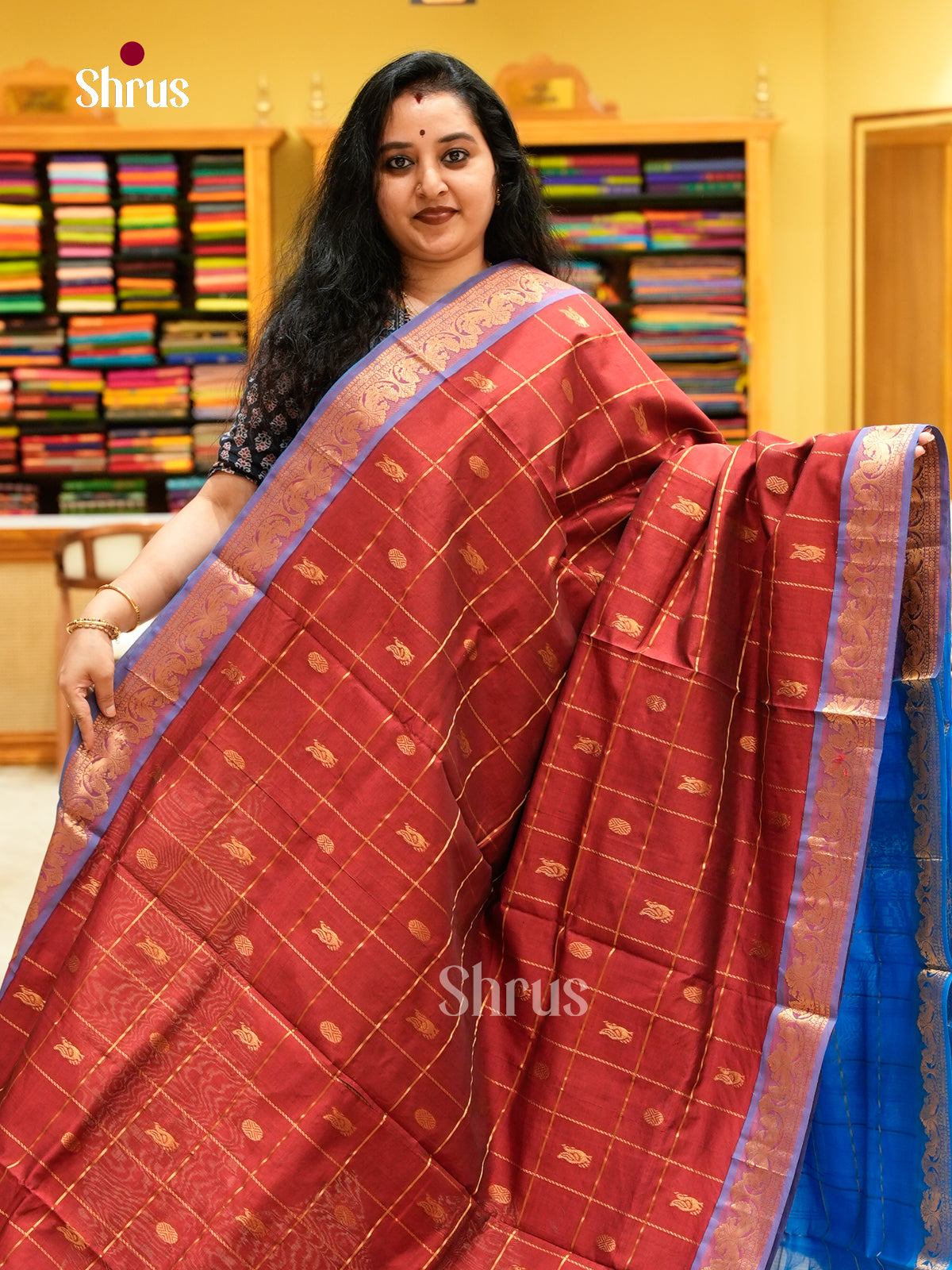Maroon Halfpure Silk Cotton Saree with Checks with Buttas and Peacock Buttas | Sky Blue Contrast Border