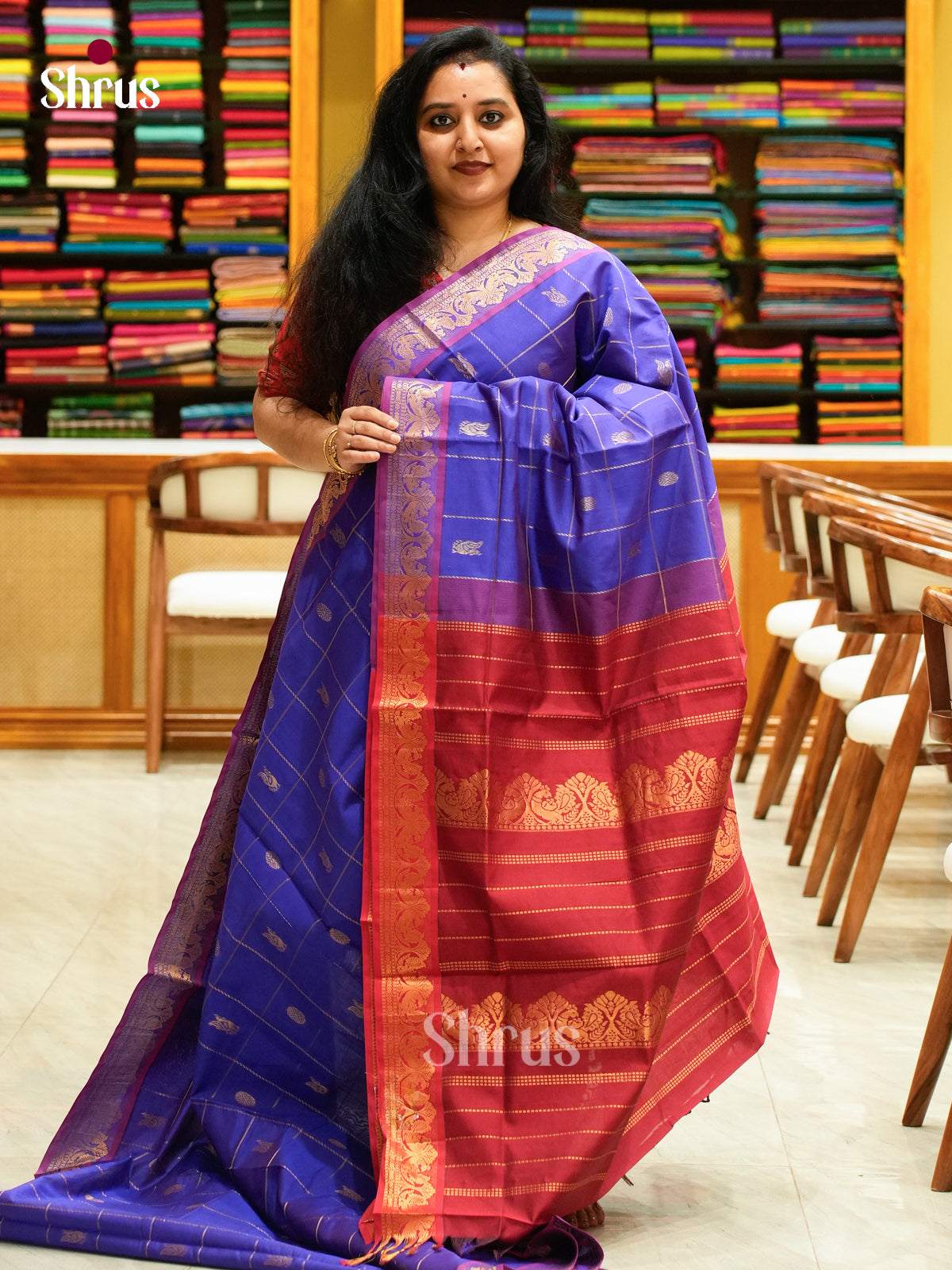 Purple Halfpure Silk Cotton Saree with Checks and Peacock Buttas | Maroon Contrast Border
