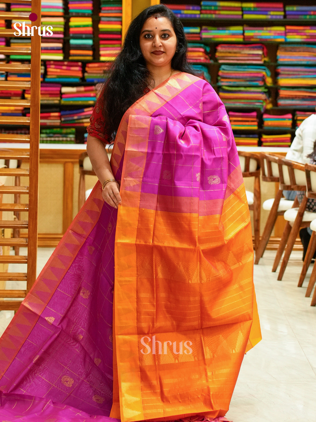 Pink Halfpure Silk Cotton Saree with Peacock Buttas | Mustard Contrast Border