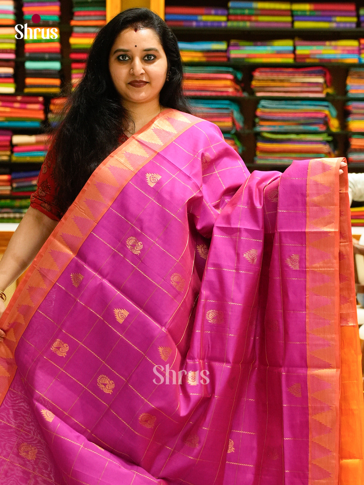 Pink Halfpure Silk Cotton Saree with Peacock Buttas | Mustard Contrast Border