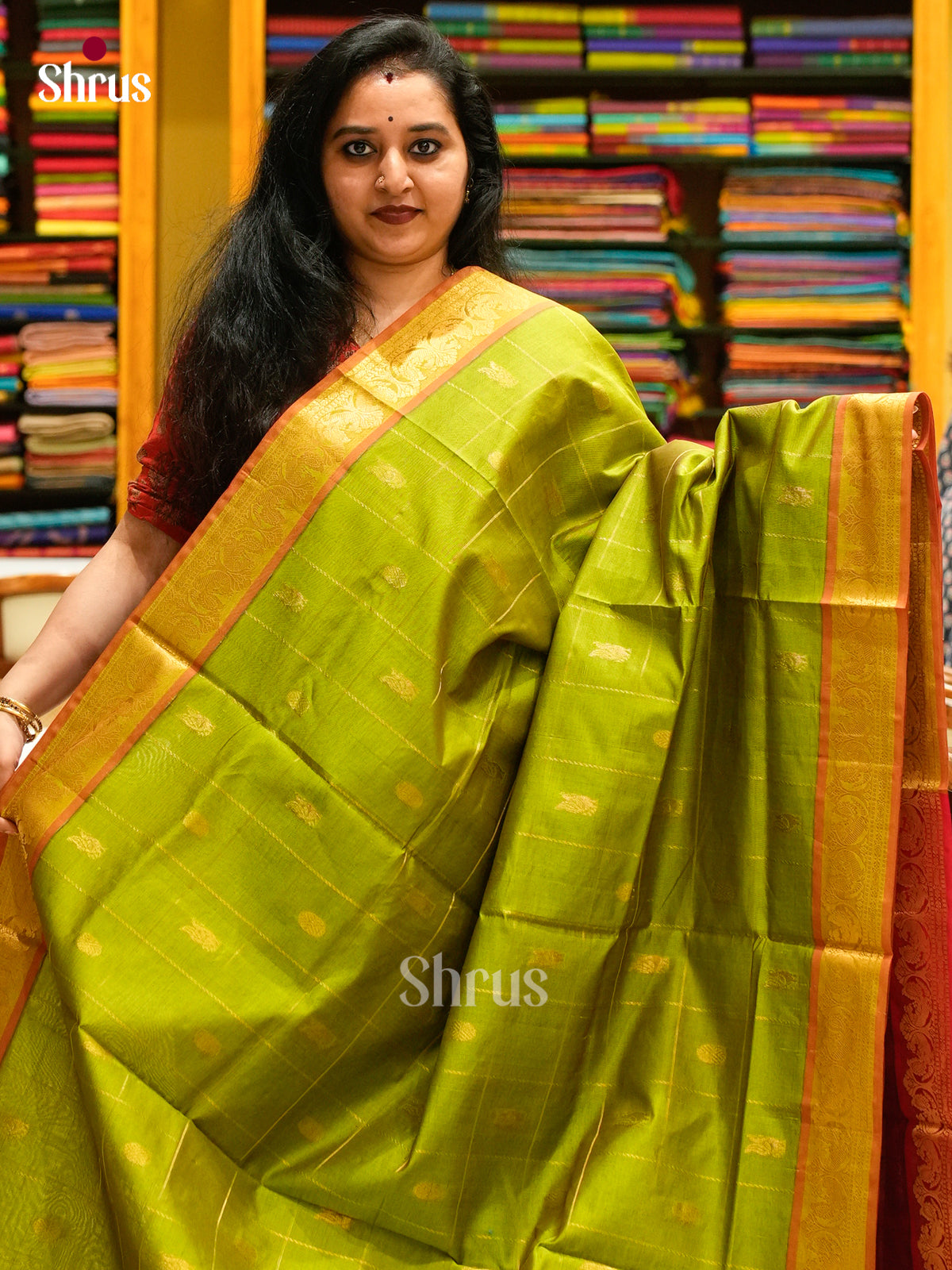 Olive Green Halfpure Silk Cotton Saree with Checks with Buttas and Peacock Buttas | Maroon Contrast Border