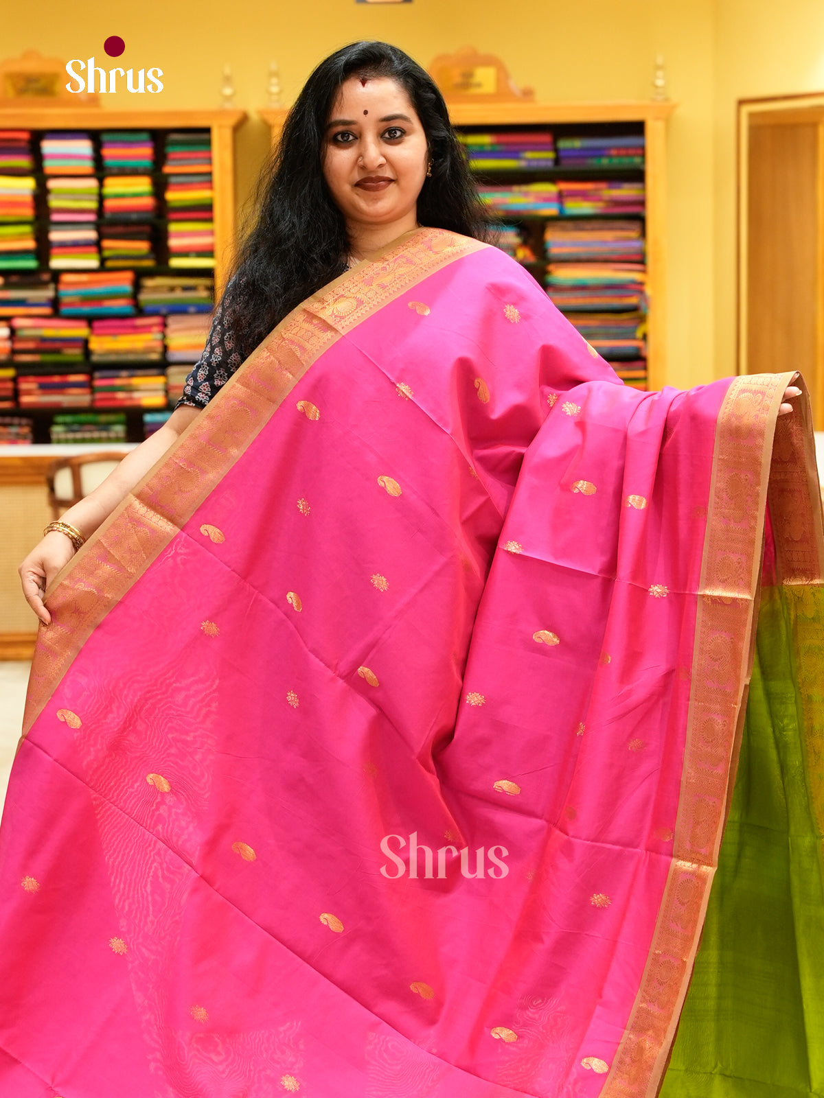 Rani Pink Halfpure Silk Cotton Saree with Mango / Paisley Buttas | Lime Green Contrast Border