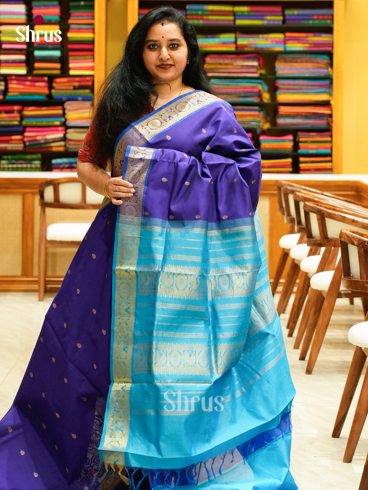 Dark Blue Halfpure Silk Cotton Saree with Leaf Buttas | Sky Blue Contrast Border